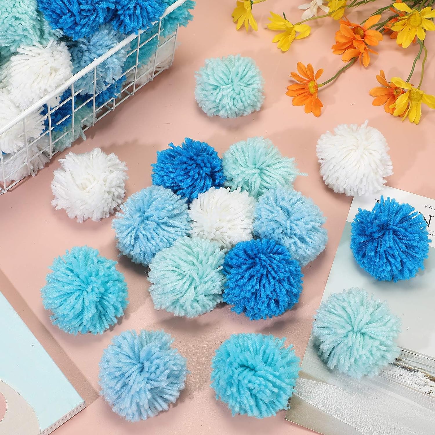 Threlaco 100 Pcs 3inch Blue Pom Poms for Crafts Large Pompoms Balls Bulk Fuzzy Pompoms Big Pom Balls for Xmas DIY Party Hanging Ornaments Home Decor