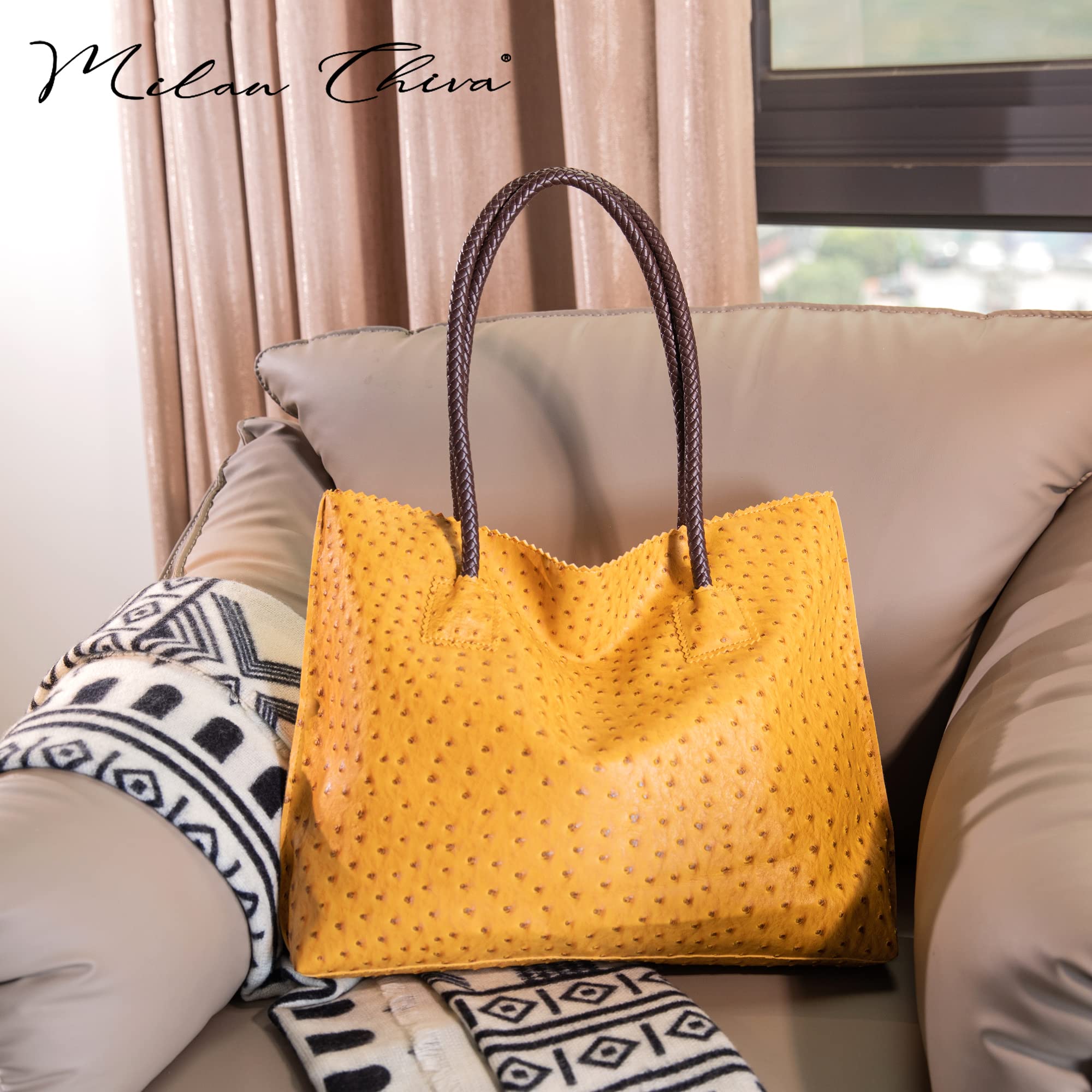 Milan Chiva Tote Bag for Women with Zipper Large Ostrich Vegan Leather Shoulder Purses and Handbags