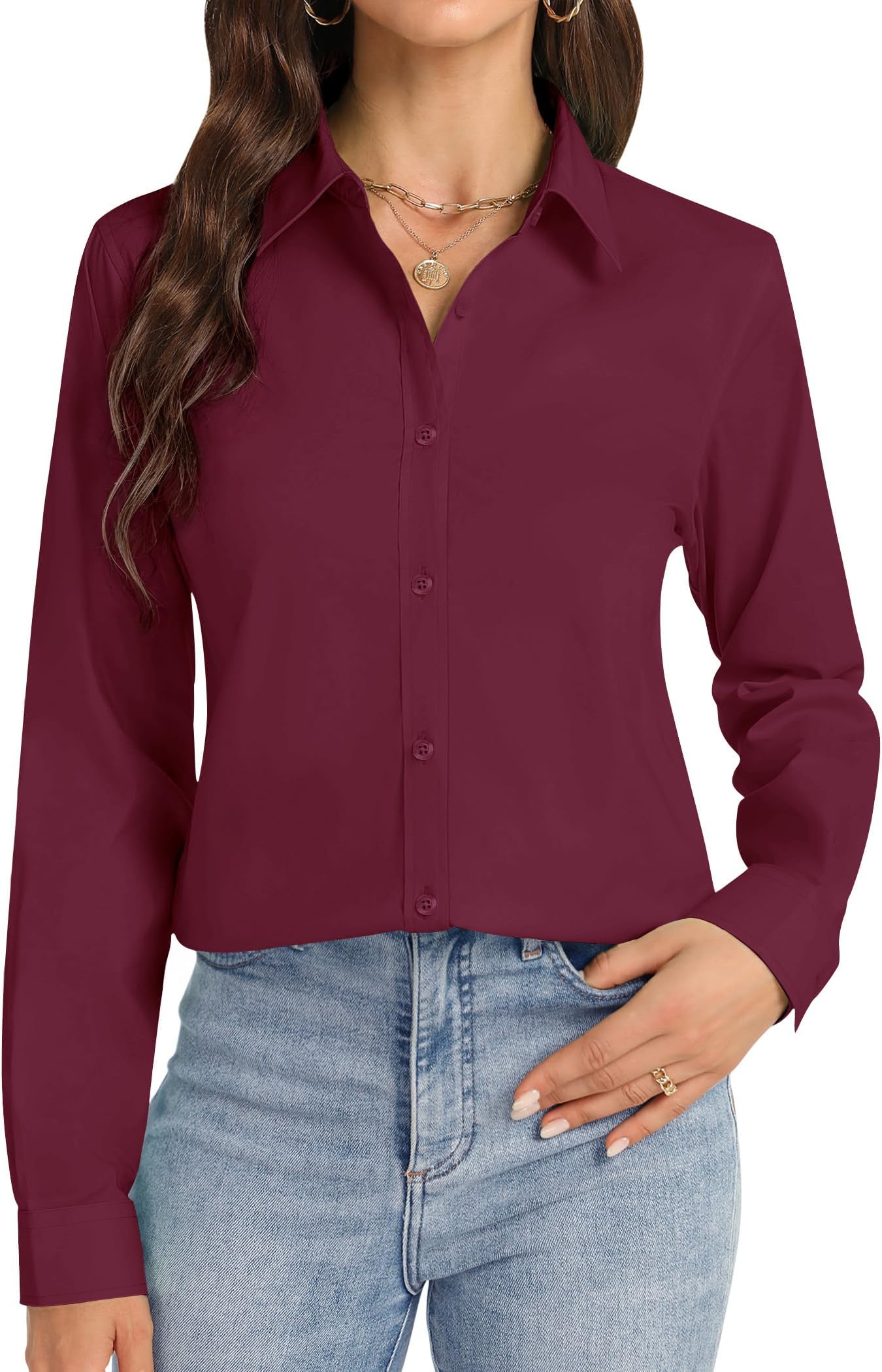 J.VER Womens Button Down Shirt Long Sleeve Dress Shirts Stretch Solid Work Blouse