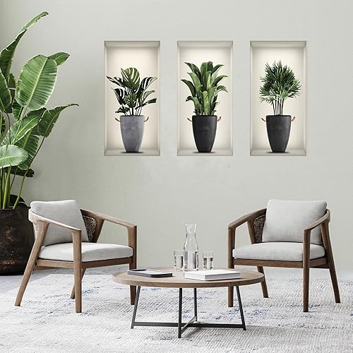 Miniatura 6 de Calcomanías de pared de plantas verdes 3D, calcomanías de pared en macetas tropicales, vinilo creativo para despegar y pegar, decoración de pared