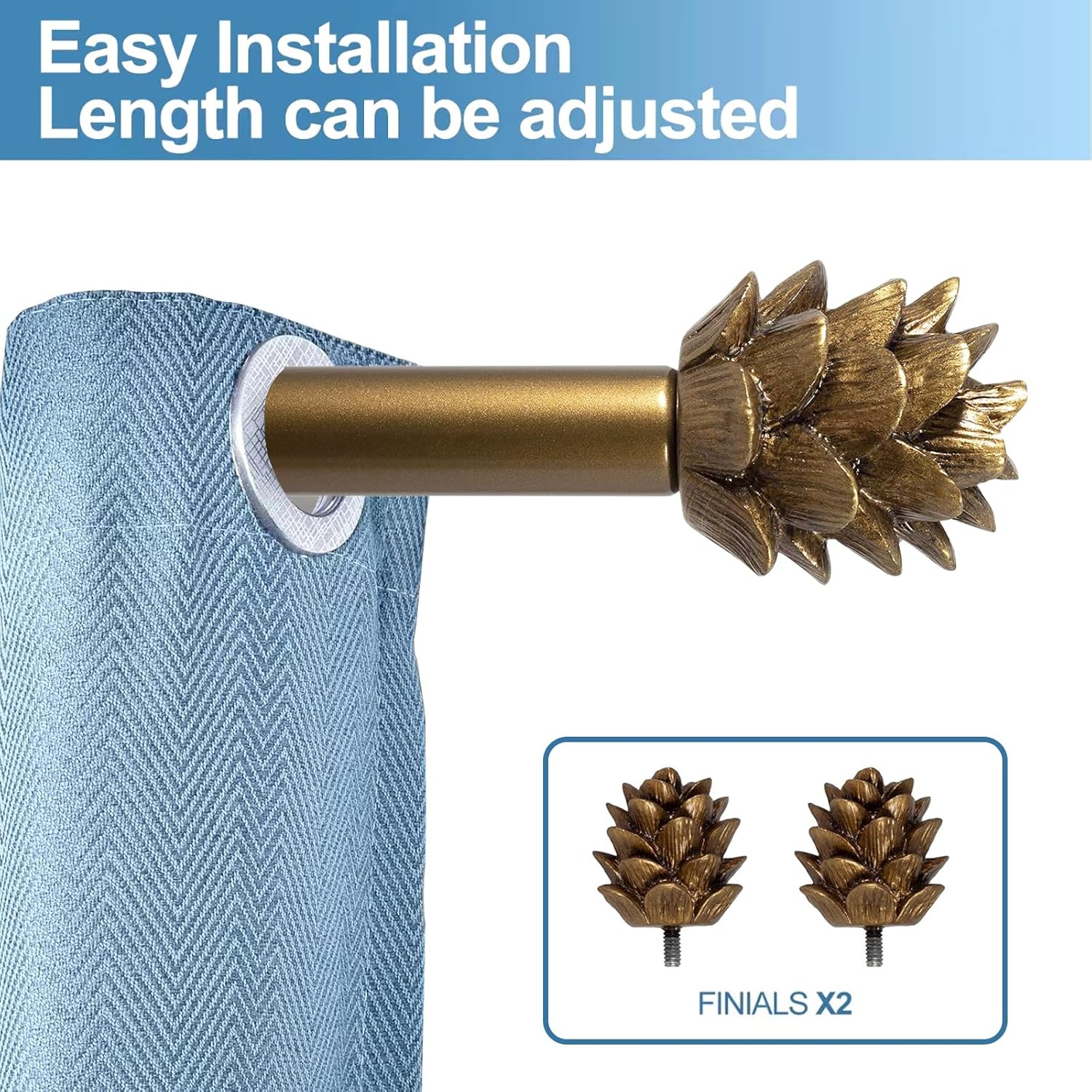 Urbanest Pinecone Adjustable Window Treatement Single Curtain Rod, 48"-84", Renaissance Gold
