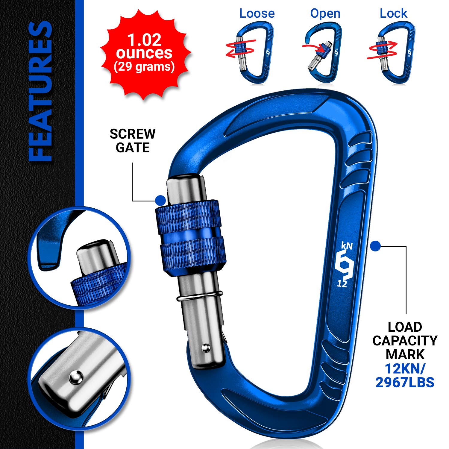 Rhino Produxs 12kN (2697 lbs) Heavy Duty Lightweight Locking Carabiner Clips with keyrings - Excellent for Securing Pets, Outdoor, Camping, Hiking, Hammock, Dog Leash Harness, Keychains, Water Bottle - Image 3