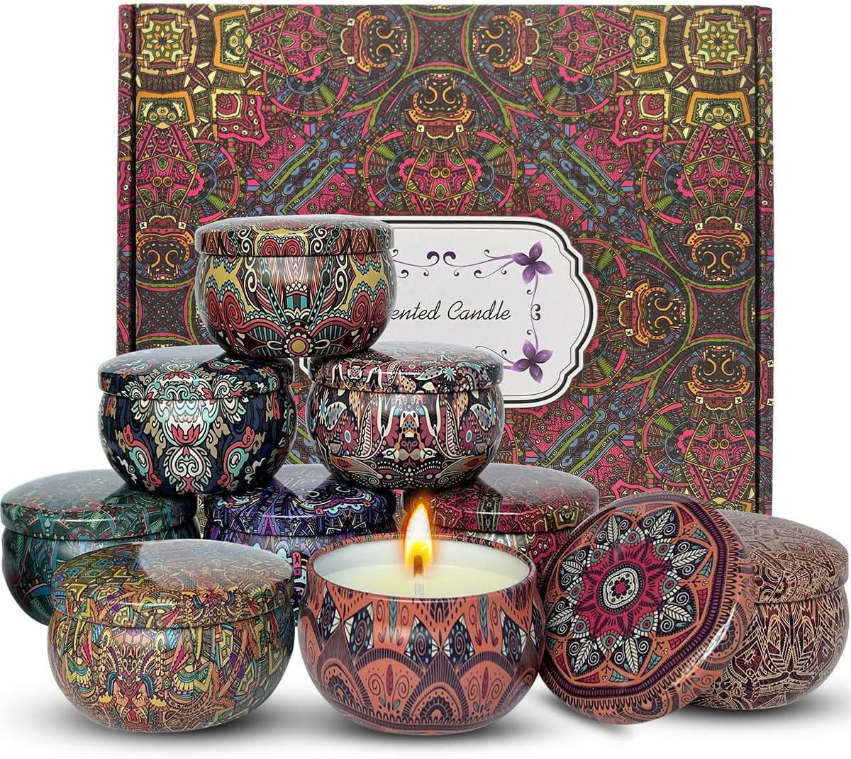 Scented Candles Gift Set, 9pcs Natural Soy Wax Jar Candle Long Lasting Portable Aromatherapy Candle for Home Scented, Various Fragrance Tin Candle Stress Relief for Bath Yoga SPA Sleep Christmas Party