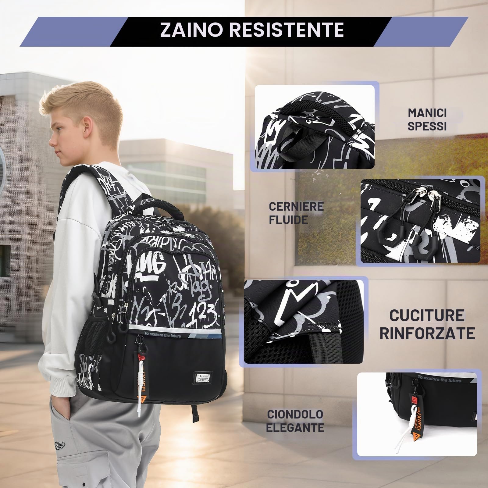 Amythe Zaino Scuola Superiore e Media per Ragazzi Grande Leggero Moda | 32L Zaini Casual Uomo Pc 16", Borsa Scuola Adolescenti, Nero Idrorepellente Pettorina, Adatto al Trolley, Ritorno / Viaggio