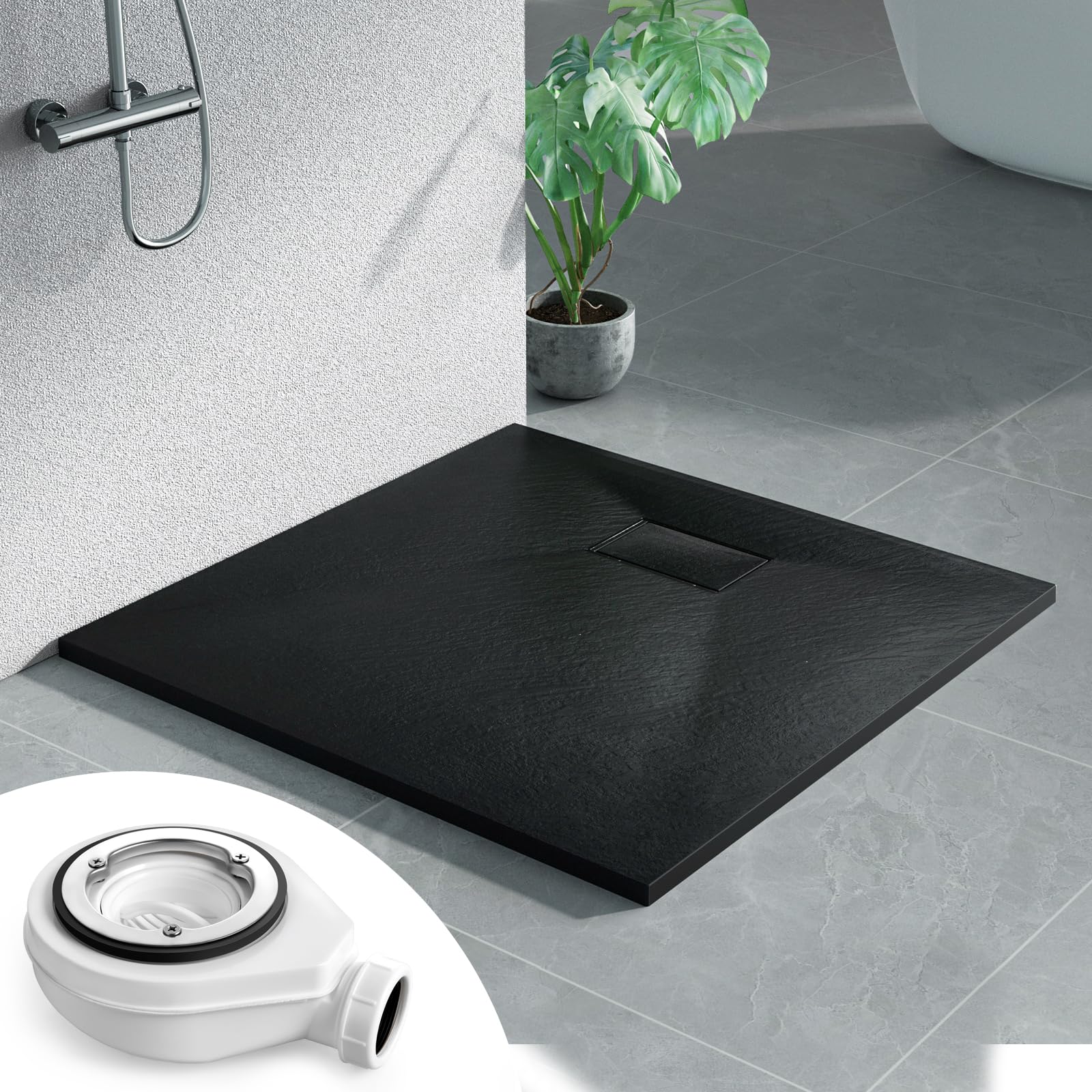 Heilmetz SMC Duschwanne 90 x 90 cm Schwarz, flach inkl. Ablaufgarnitur | Pflegeleichte SMC Duschwanne mit rutschhemmender Steinoptik, 2,6 cm Höhe und 90 mm Ablauföffnung für flexible Montage