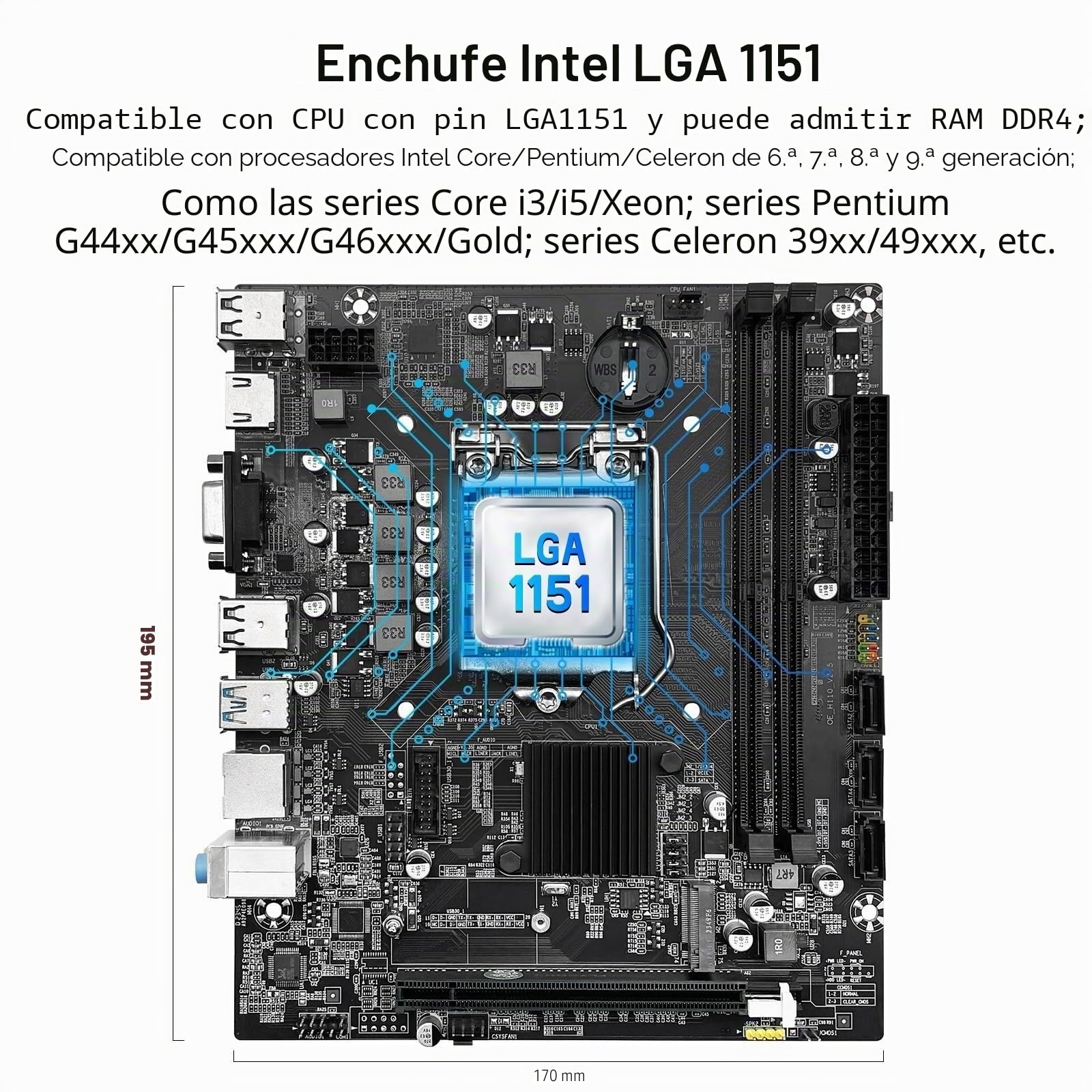 SHANGZHAOYUAN - Placa base LGA 1151 H110 Gaming para Intel 6-9th Gen Core i3/i5, Pentium, Celeron Series, DDR4, PCIe 3.0/2.0, NVME/NGFF M.2, SATA 6 Gbps, VAG, compatible con HDMI