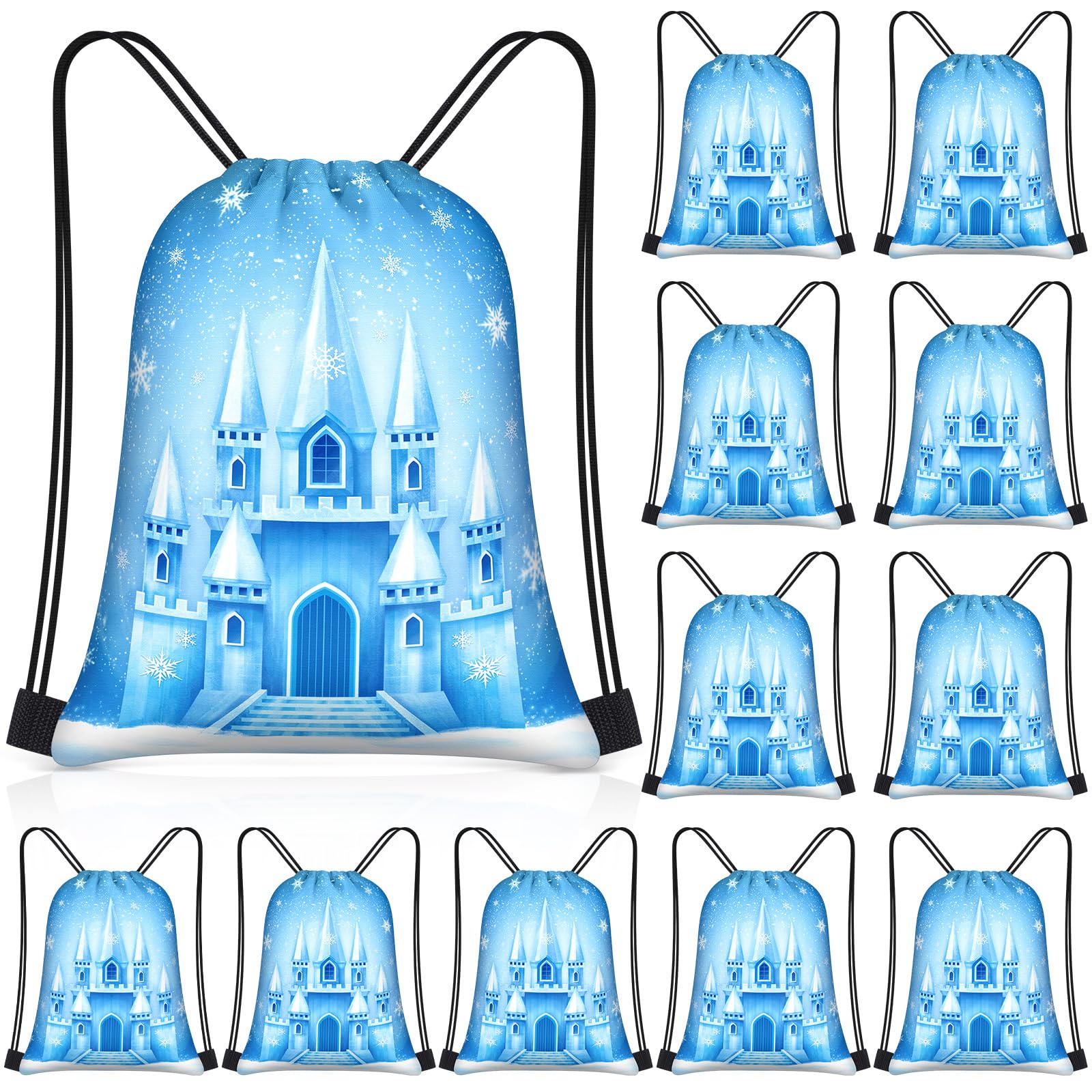 Censen 24 Pcs Snowflake Drawstring Bags Set Bulk 12 x 10 Inch Waterproof Beach Bags for Girls Boys Kids Blue Castle Theme Party Birthday Winter Party Favor Bag Supplies — image 1
