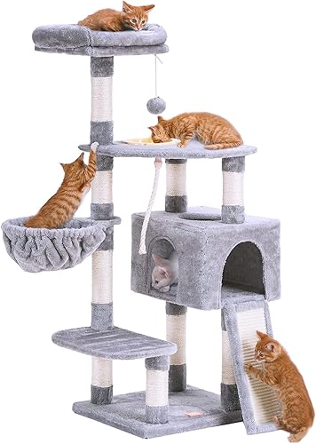 Heybly - Torre de gato para interior muebles de gato de varios niveles con cuenco de alimentaciĂłn y tabla de rascar Beige, Gris Claro, Gris ahumado Heybly - Torre de gato para interior muebles de gato de varios niveles con cuenco de alimentaciĂłn y tabla de rascar Beige, Gris Claro, Gris ahumado