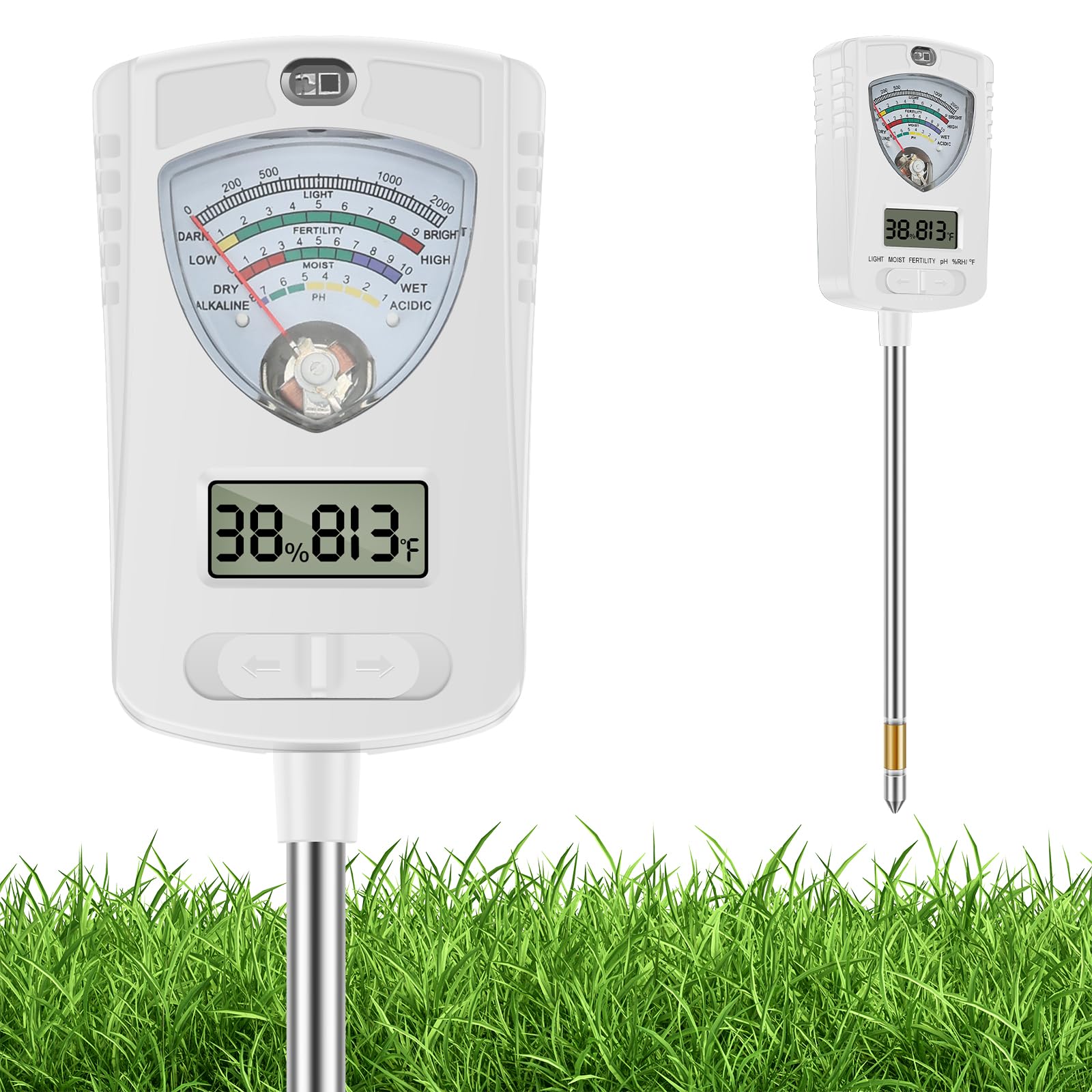 7 in 1 Soil Moisture Meter, Soil Tester Kit for Testing Moisture, pH, Fertility, Temperature, Ambient Light, Air Temp and Humidity, Soils Test Meter for Garden, Vegetable Plots, Lawn and Farm(White)