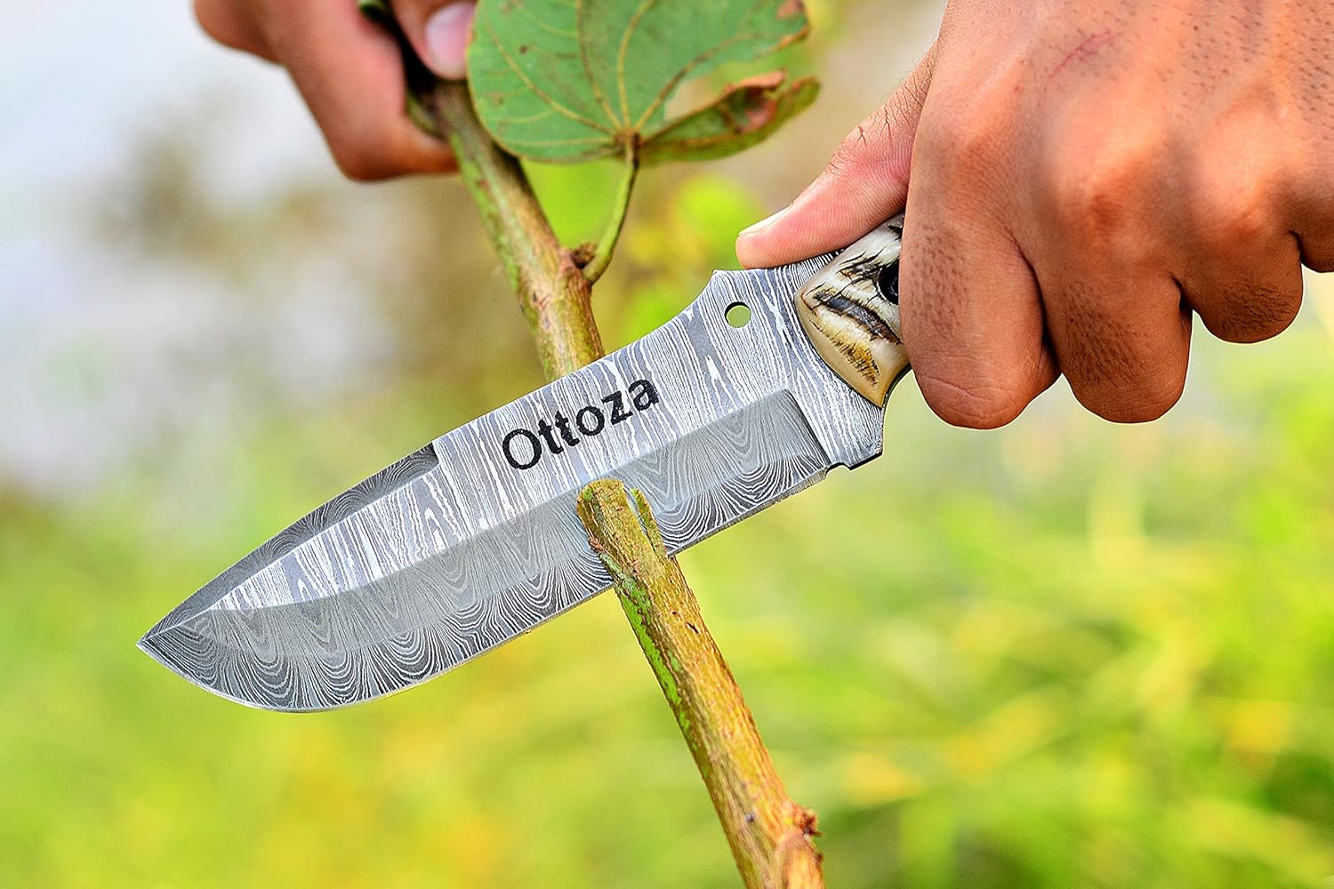 Ottoza Fixed Blade Hunting Knife with Leather Sheath and Horizontal Carry - Ram Horn Handle - Full Tang Outdoor Survival and Camping Knife for Men 308