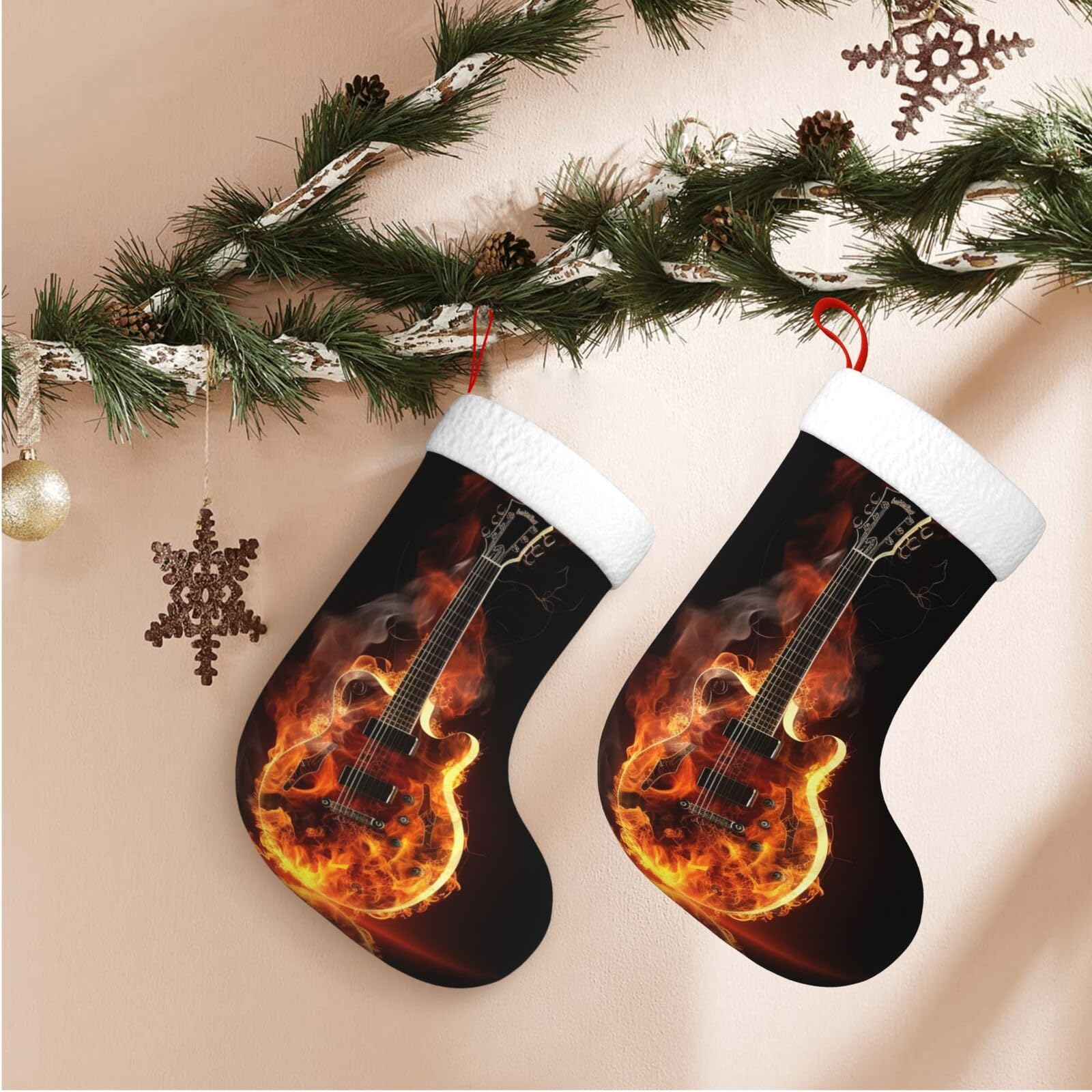 Fire Guitar Christmas Stockings Velvet Xmas Fireplace Hanging Stocking with Plush Cuff Rustic Christmas Santa Stockings for Home Christmas Decorations Party Favor Supplies