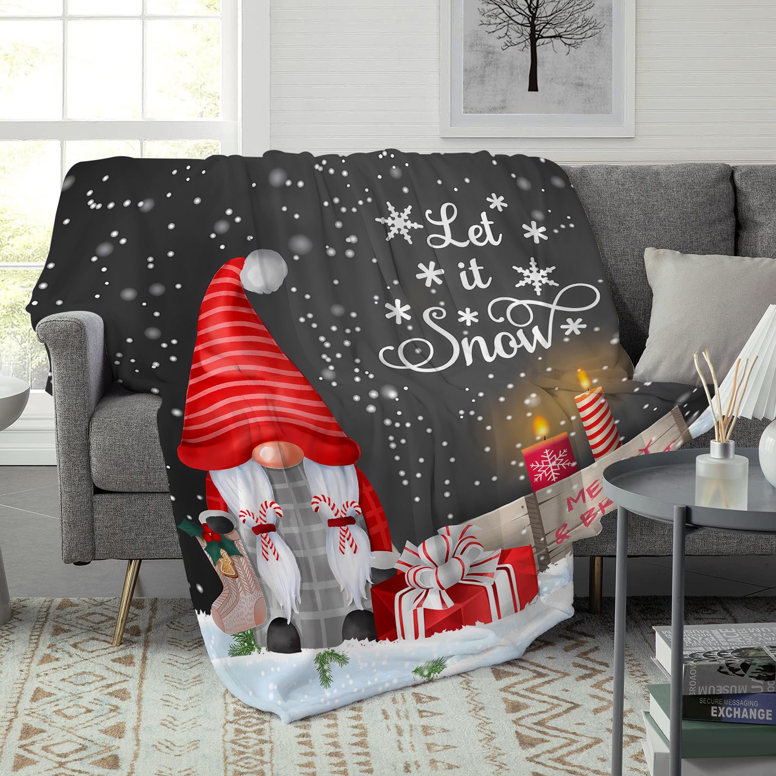 Abaysto Christmas Blanket Gnome Throw Blanket, Merry Christmas Blanket, Winter Snowflakess Flannel Blanket - Image 4