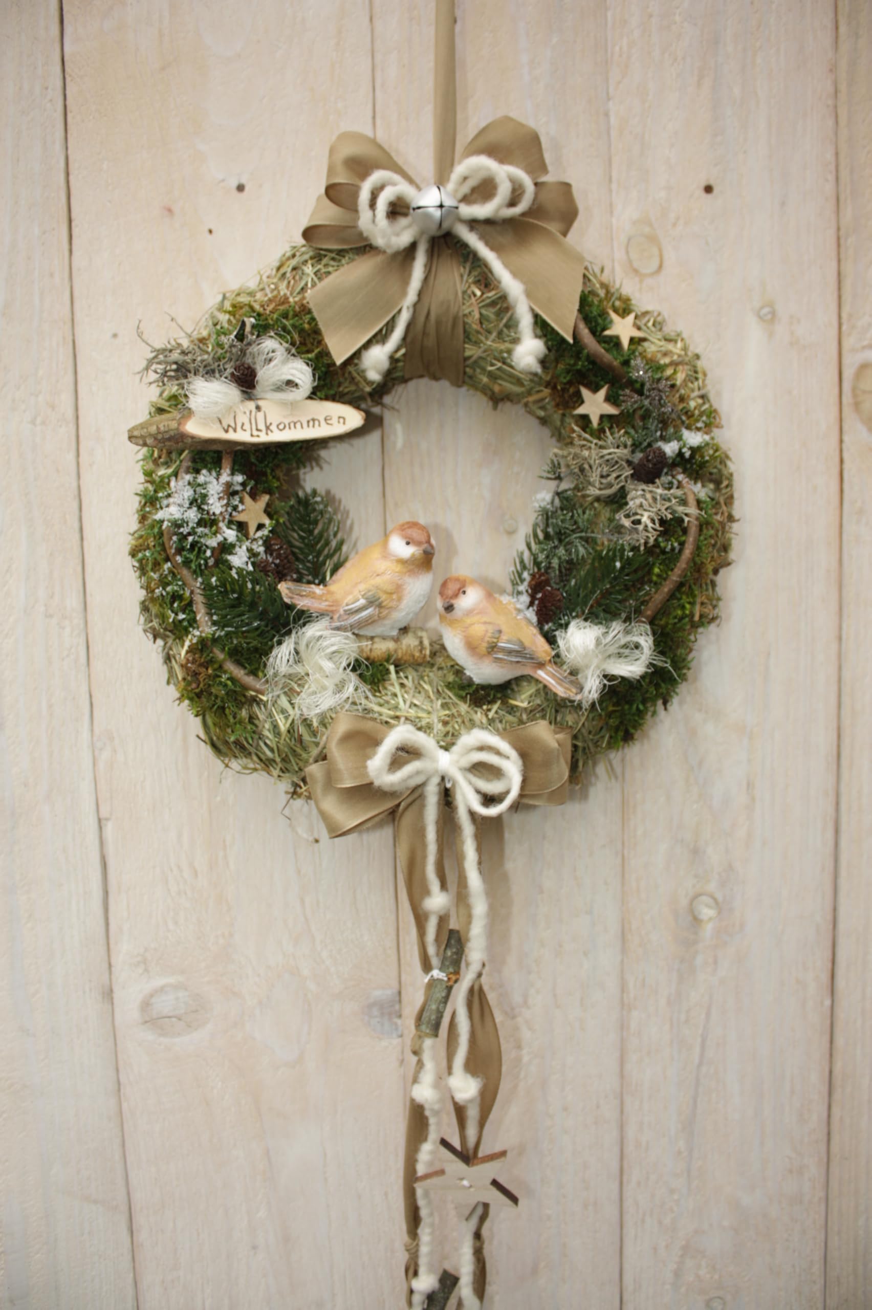 Türkranz D32 cm mit Zwei Vögel beige Taupe weiß Winter