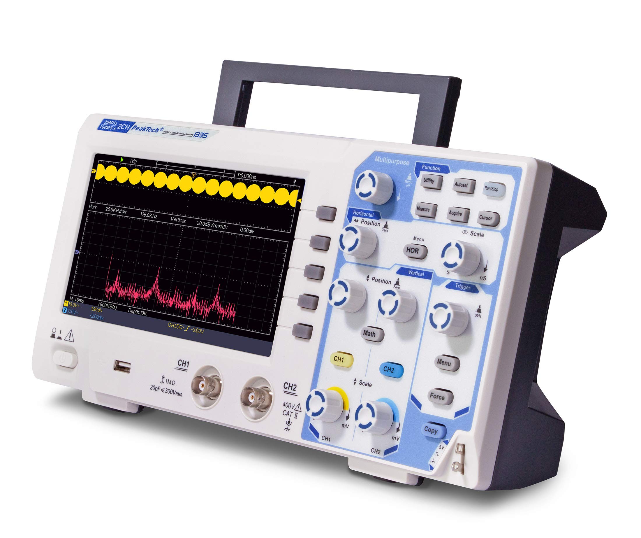 PeakTech P 1335 20 MHz 2-Kanal Digital-Speicher-Oszilloskop mit USB-Schnittstelle, 15 W, 240 V