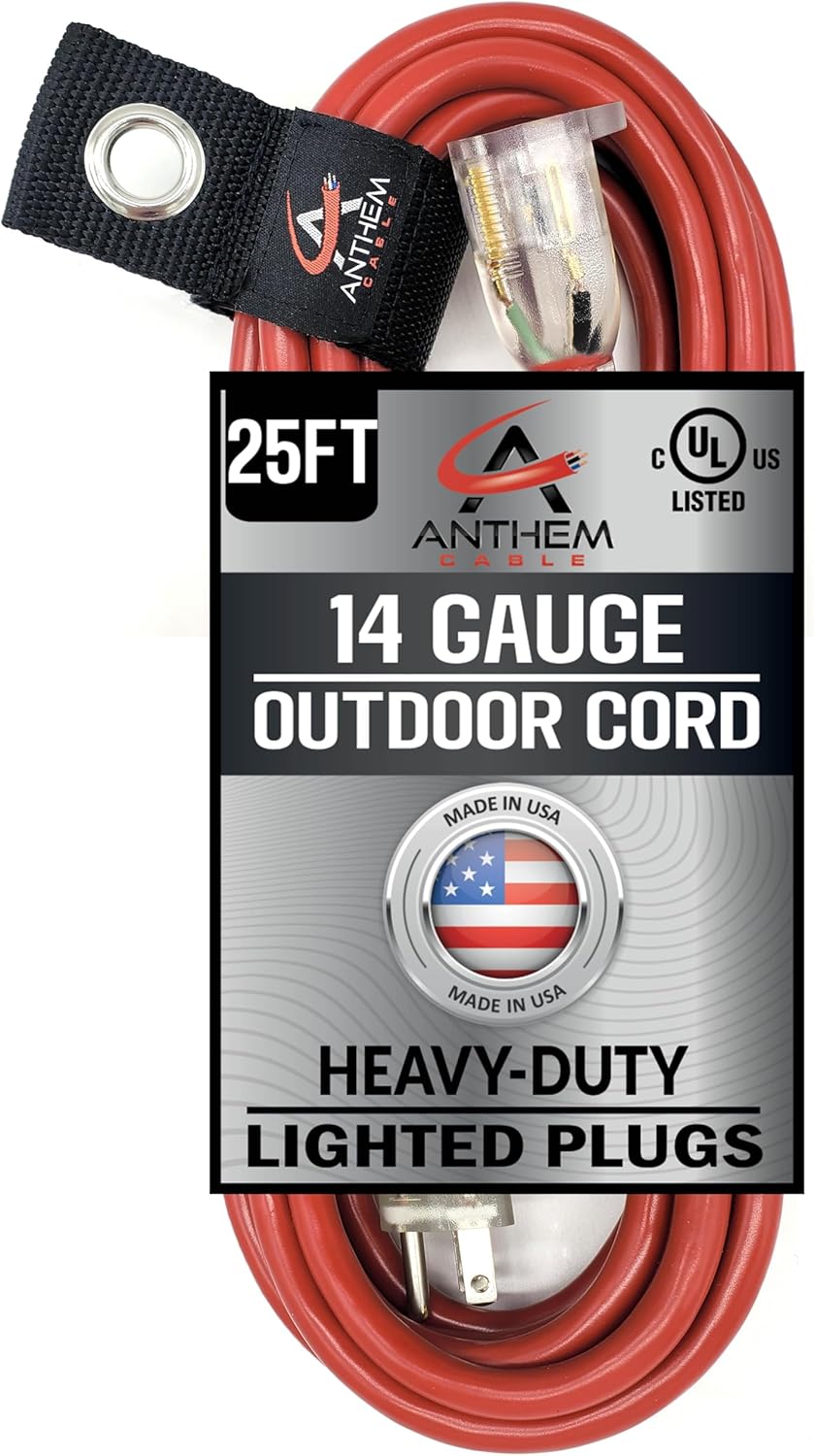 15 ft - 14 Gauge Extension Cord Outdoor - Made in USA - Lighted on Both Ends - Red Outdoor Extension_Cord Waterproof by Anthem Cable - Heavy Duty ExtensionCord 15 ft 15 Amp Extension