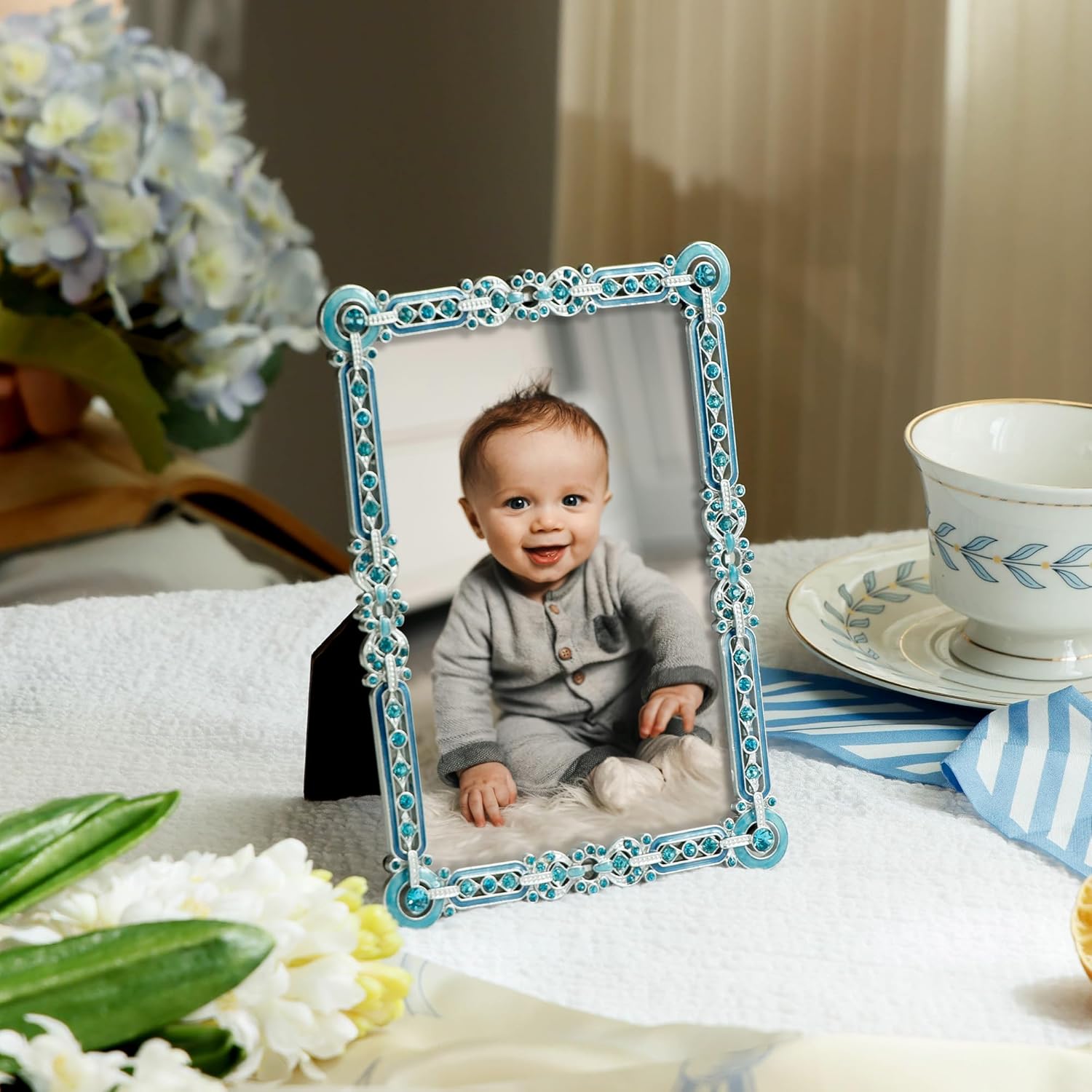 Romantic Jeweled 4x6 Photo Frame – Silver with Blue Crystal Accents, Ornate Vintage-Style Picture Frame for Tabletop Display Gift