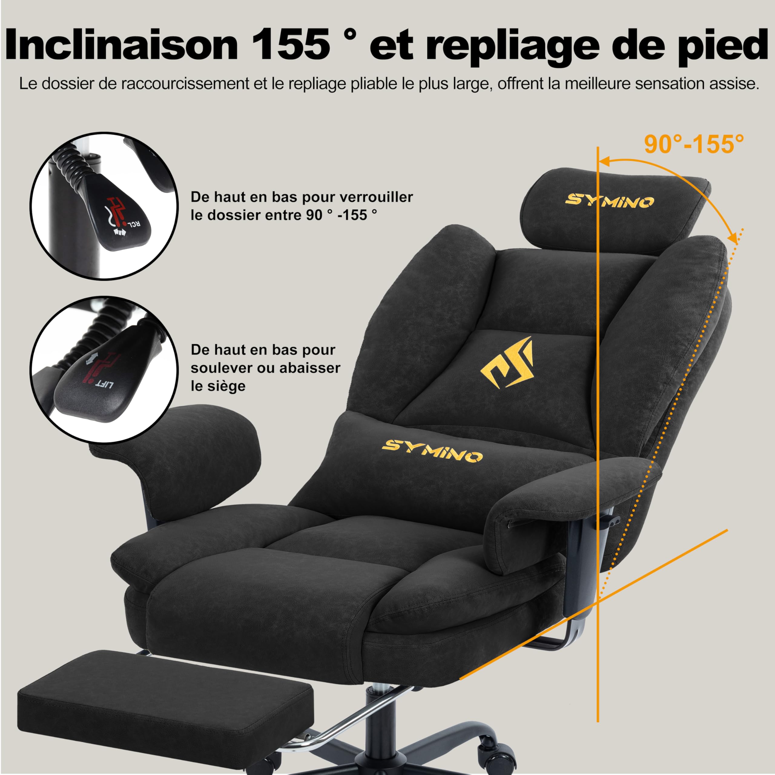 Symino Chaise Gaming Fauteuil Gaming Ergonomique - Chaise Bureau avec Repose-Pieds Réglable, PU en Cuir 130kg