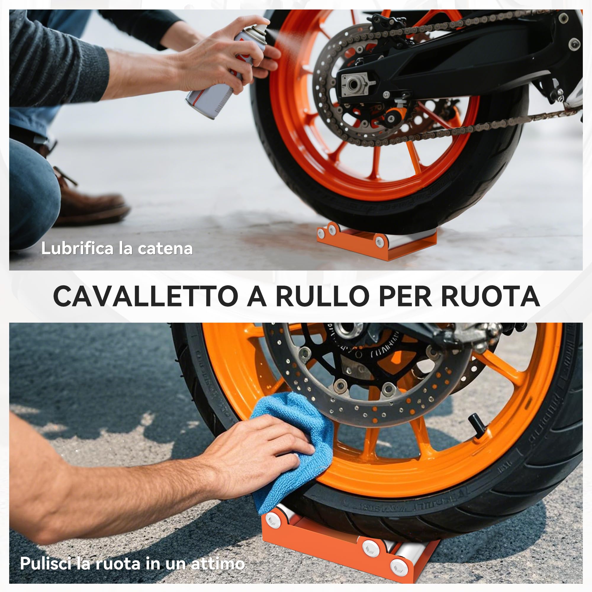 HOMCOM Cavalletto Alzamoto con Capacità di 220 kg, Supporto per Moto con Sostegno Antiscivolo e 3 Rulli, Rullo per Pulizia Ruote Moto in Acciaio e Alluminio per Garage e Officina, Arancione