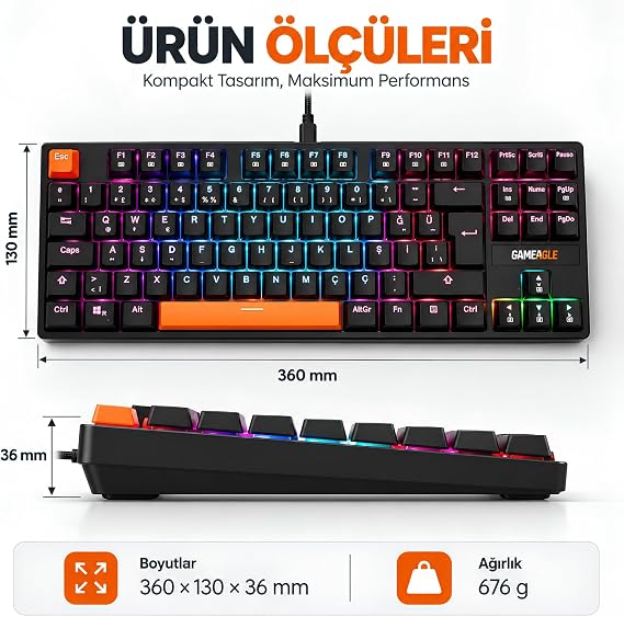 %80 Kablolu RGB Mekanik Gaming Klavye, Siyah Blue Switch KB-04