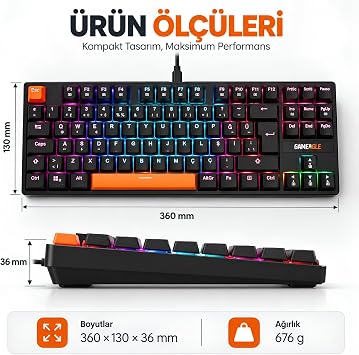 %80 Kablolu RGB Mekanik Gaming Klavye, Siyah Blue Switch KB-04