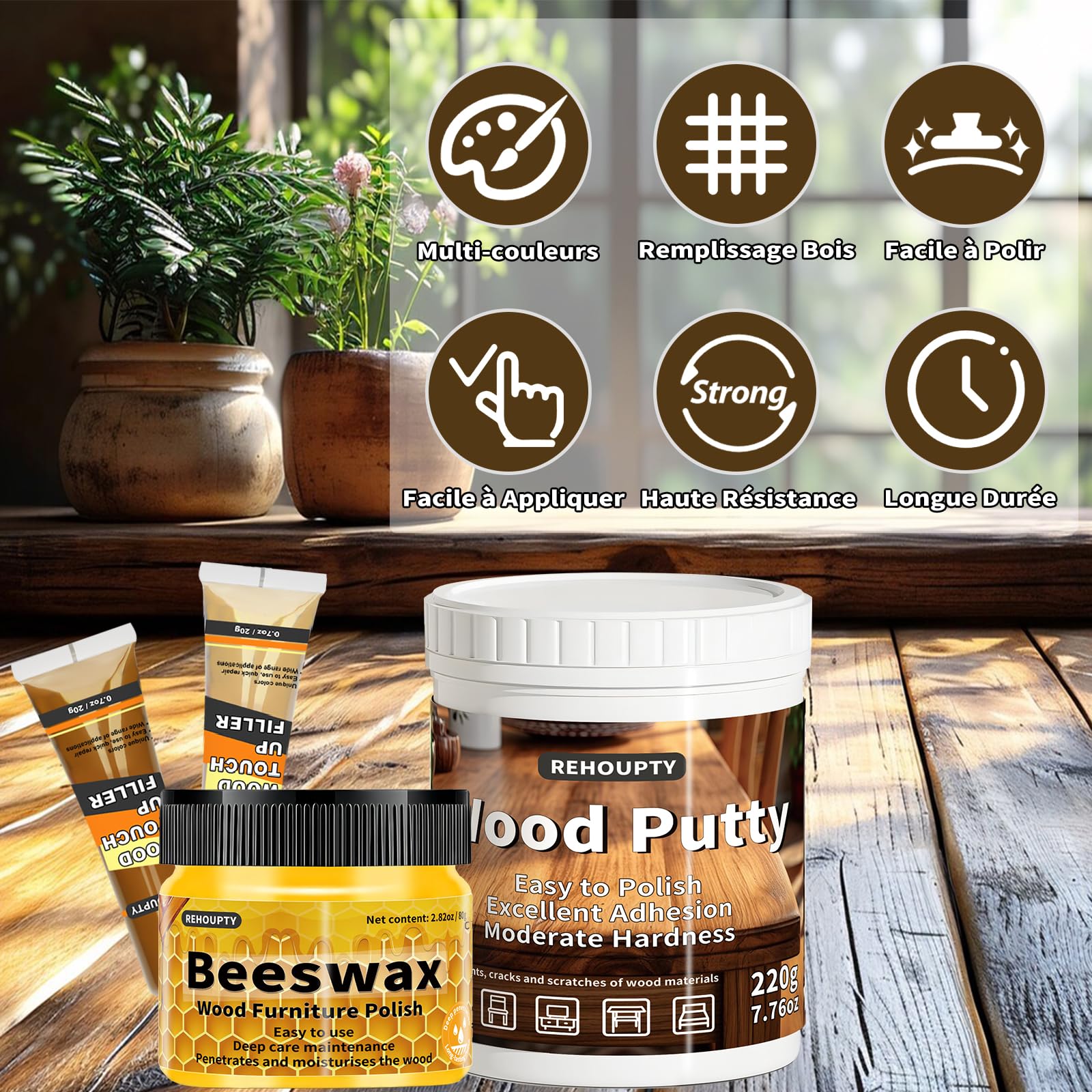 Kit Reparation Parquet, Tout-en-un Kit de Réparation Meuble Comprend Mastic Bois & 12 Couleurs Bouche-pores Pour Bois et Cire Bois, Réparation de Parquet pour Les Rayures, Les Fissures et Les taches
