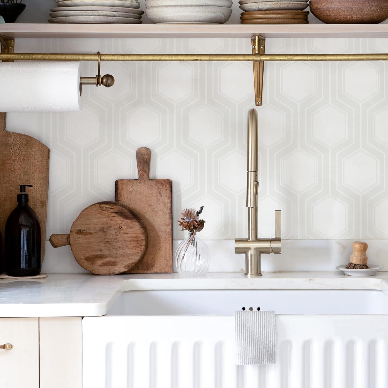 Tomete Modern Peel and Stick Wallpaper, Geometric Boho Wall Paper, Light Gray White Contact Paper for Cabinets Drawers, Removable Wall Covering for Living Room, Waterproof, Vinyl 393in L 17.3in W