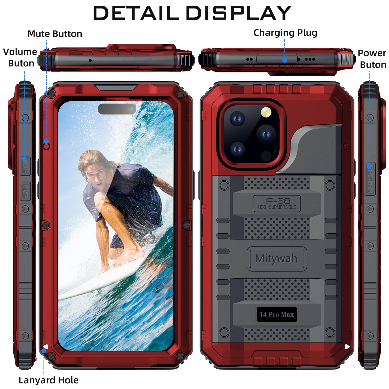Mitywah Funda Impermeable para iPhone 14 Pro MAX, Funda Resistente a los Golpes con Protector de Pantalla Integrado, Carcasa de Metal de protección subacuática de Cuerpo Completo de 17 cm, Color Rojo