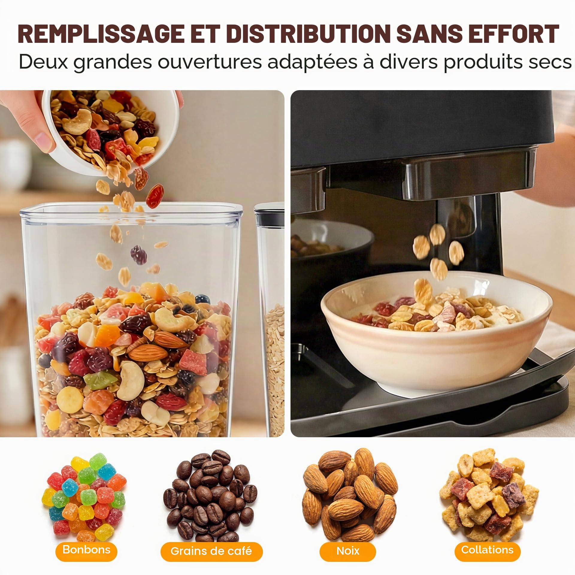 Sinceroduct Lot de 2 distributeurs de muesli - Double bac de rangement hermétique de 3 L - Grande capacité - Distributeur de flocons de maïs pour muesli, noix, grains de café, aliments pour animaux