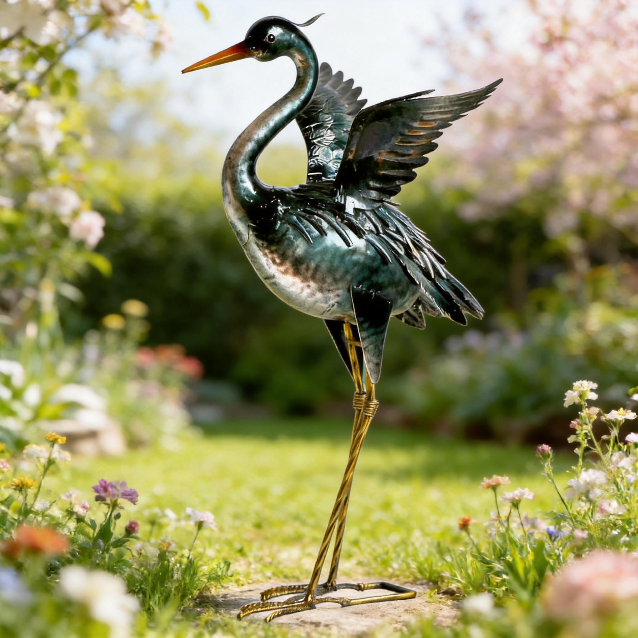 chisheen Crane Garden Statue Sculpture Metal Heron Outdoor Decoration Yard Art Bird Decoy for Backyard Pond Patio Porch Lawn Decorations