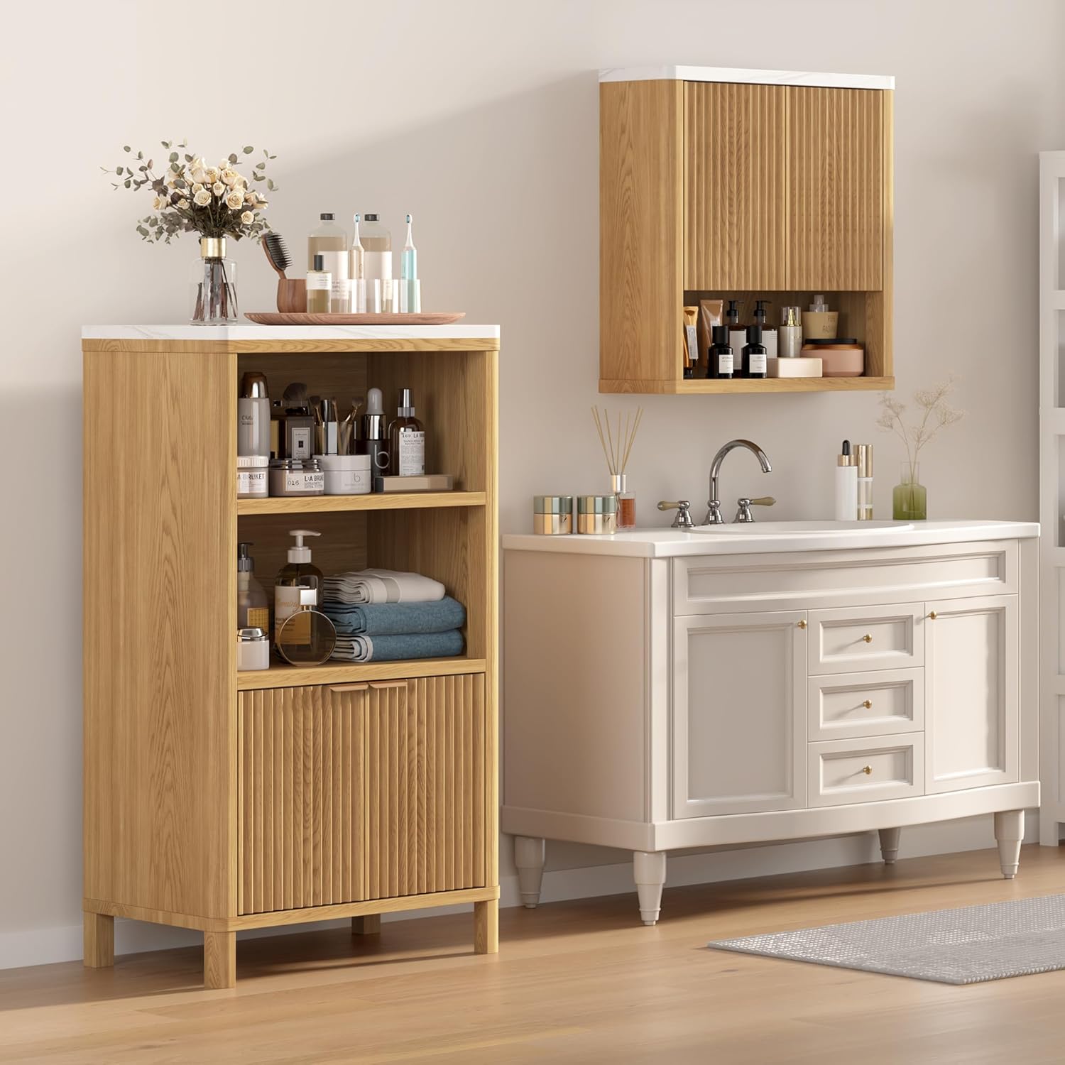 HOMEFORT Bathroom Wall Cabinet, Medicine Cabinets, Over The Toilet Storage Cabinet with 2 Doors, Adjustable Shelf and Faux Marble Top, Natural Oak