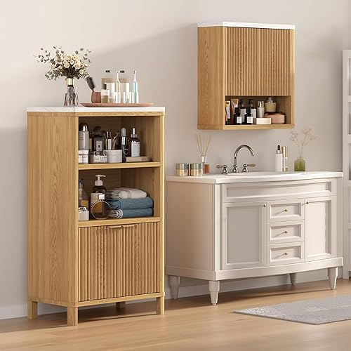 Miniatura 8 de HOMEFORT Armario de pared de baño, botiquines sobre el inodoro con barra de toallas, estantes ajustables de 2 puertas, gran espacio para baño,