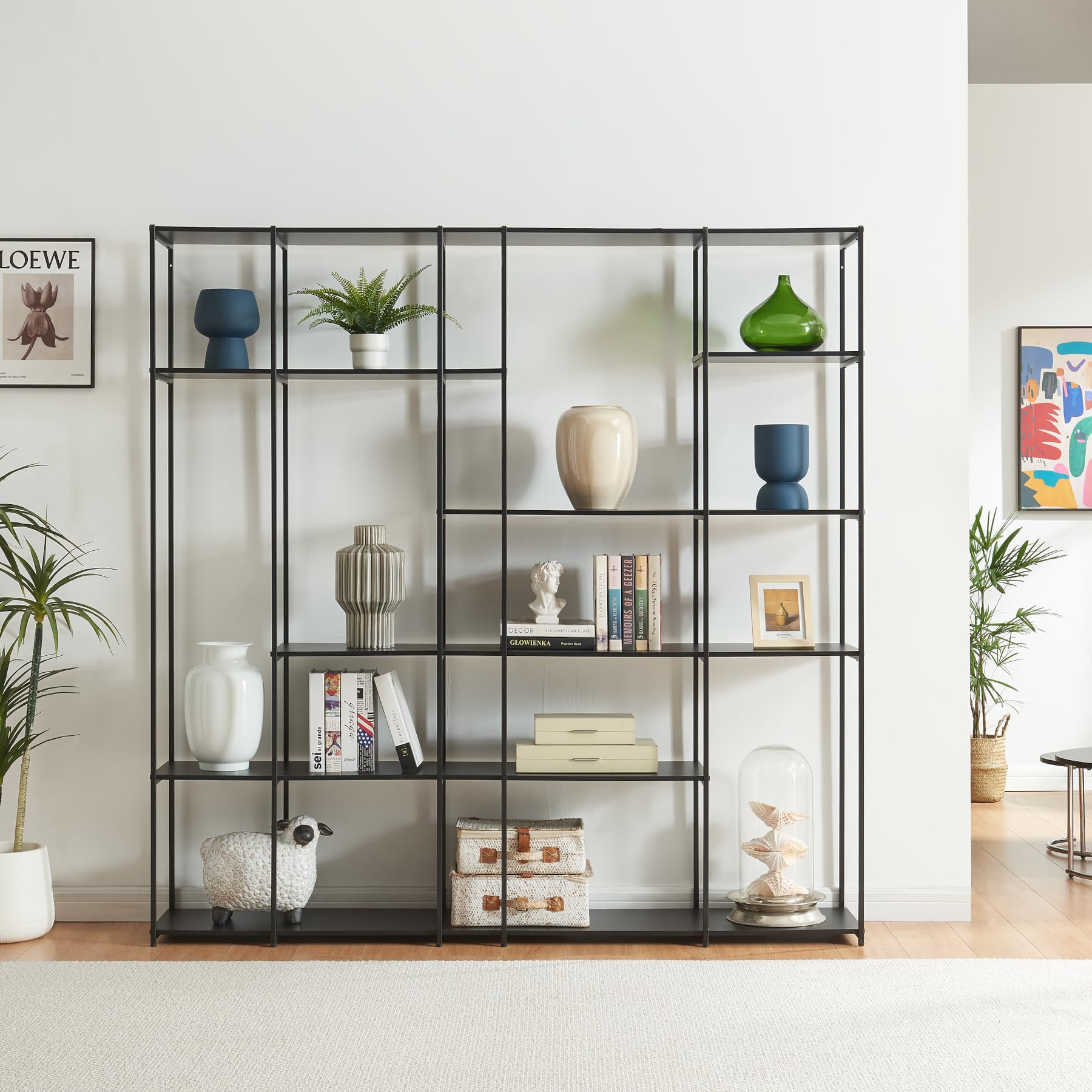 [en.casa] Scaffale da Terra Libreria con Ripiani Aperti Mobile Espositore per Casa Ufficio Negozio Scaffale Divisorio per Open Space 180 x 180 x 33 cm Nero