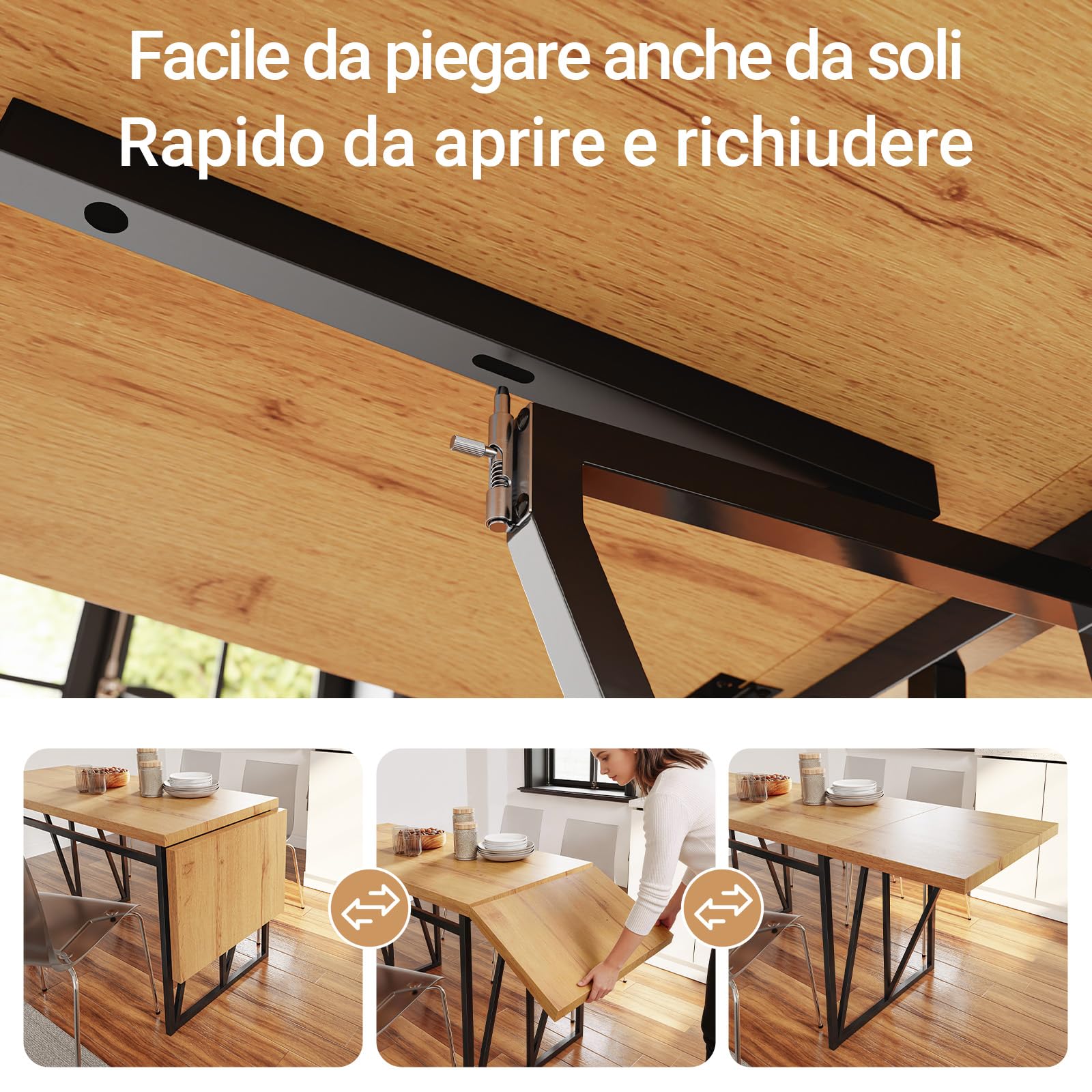 SoBuy Tavolo pieghevole e allungabile per 2-8, 65x(110-200) x76cm | Tavolo da pranzo salvaspazio, piano effetto legno stabile e telaio in metallo, per cucina, sala da pranzo e studio, FWT113-N