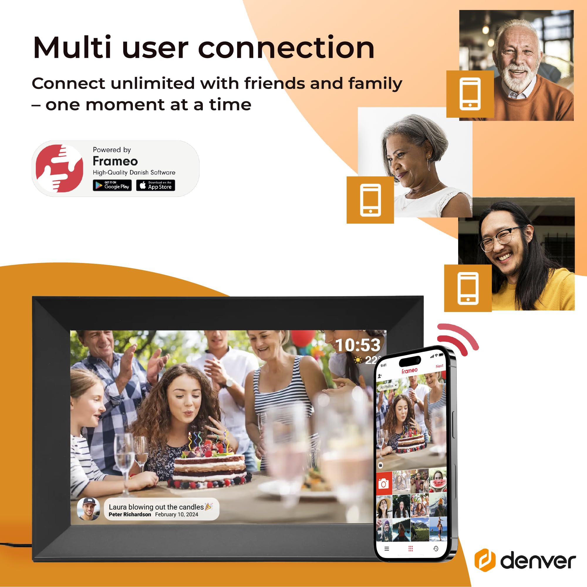 Denver Frameo Marco Digital WiFi 10,1 Pulgadas, Pantalla Full HD IPS táctil 1920 x 1200, 16 GB, App Frameo, Color Negro