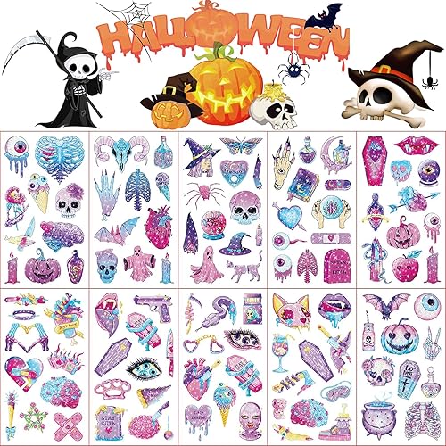 20 hojas de tatuajes temporales con purpurina para Halloween, coloridas, impermeables, con destello, calavera, calabaza, murciélago, arte corporal,