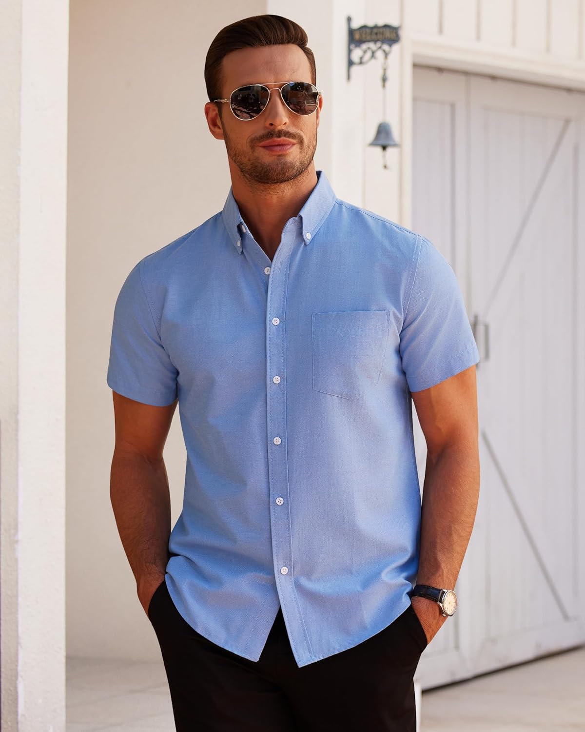 Alimens & Gentle Men's Short Sleeve Oxford Shirt Regular Fit Button Down Collar Shirts with Pocket - Image 3