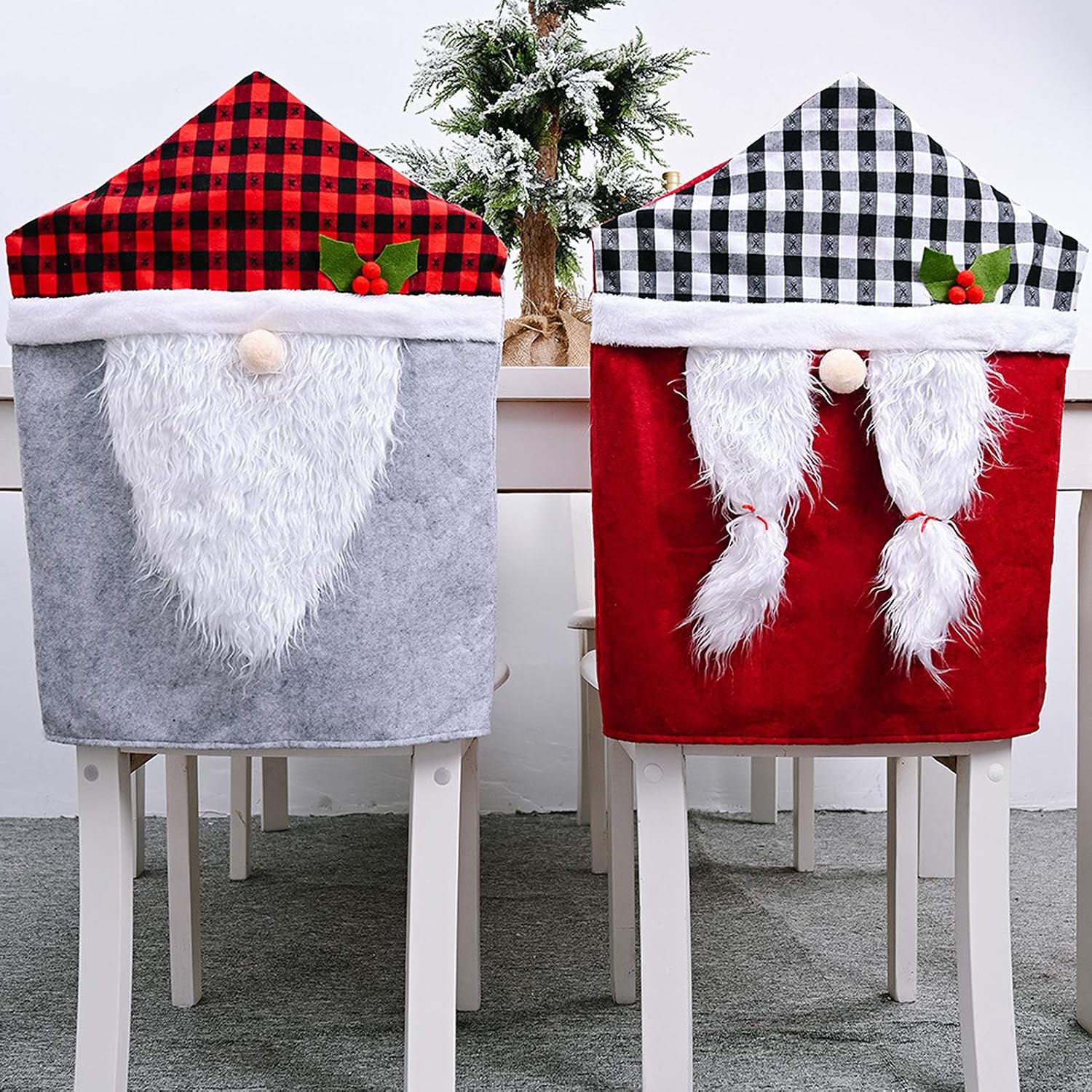 Set of 4 Christmas Gnome Chair Covers- Buffalo Checker Plaid Hat Gnome Chair Slipcover Suits Santa Hat Chair Back Dining Chair Covers for Christmas Banquet Holiday Festival Decor (Red and Gray)