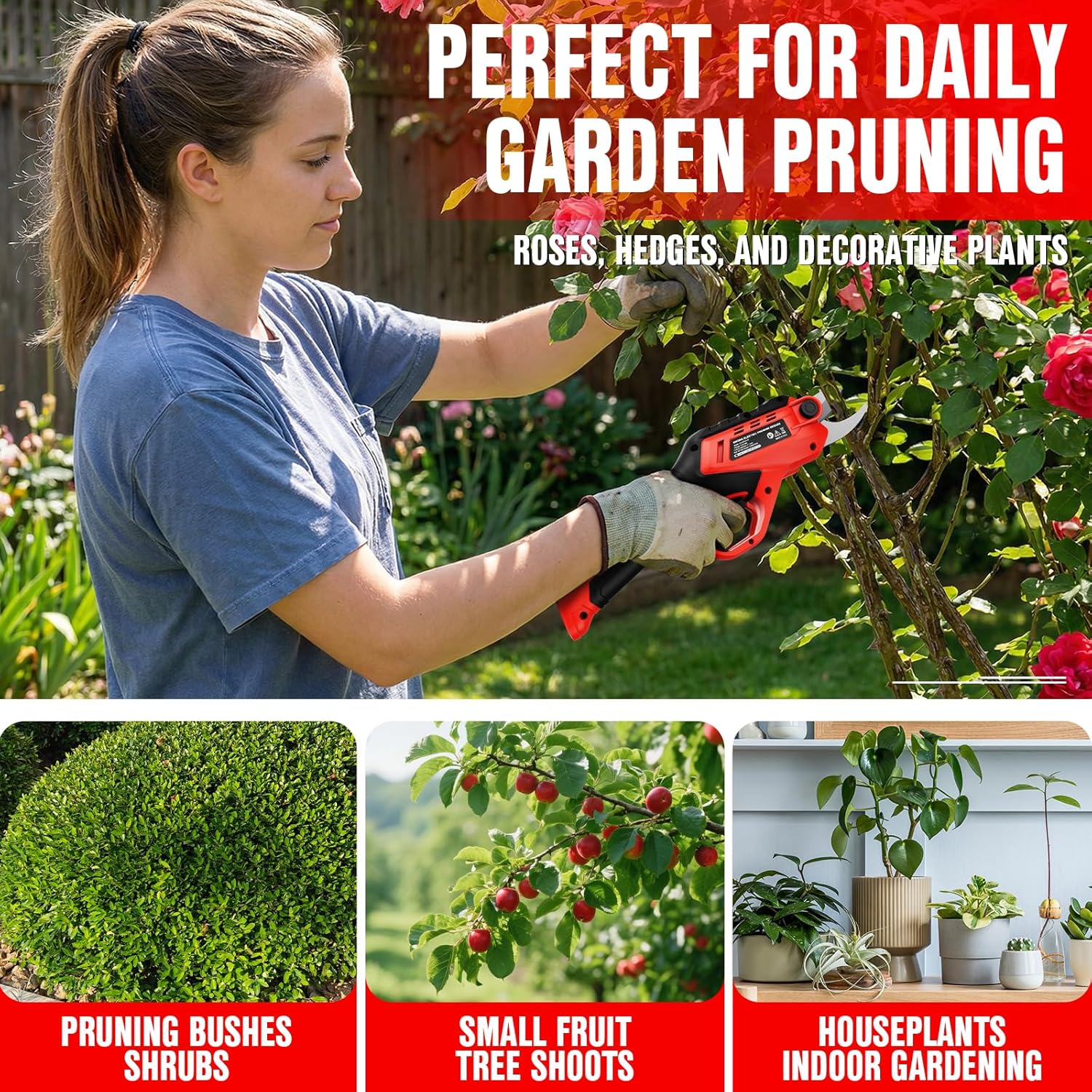 EWORK Cordless Electric Pruning Shears 4.2V Rechargeable 4000mAh Battery, 0.7 Inch Cutting Diameter, 2 SK5 Blades Tool-Free Replacement, Handheld Pruner for Garden Tree Branch Trimming