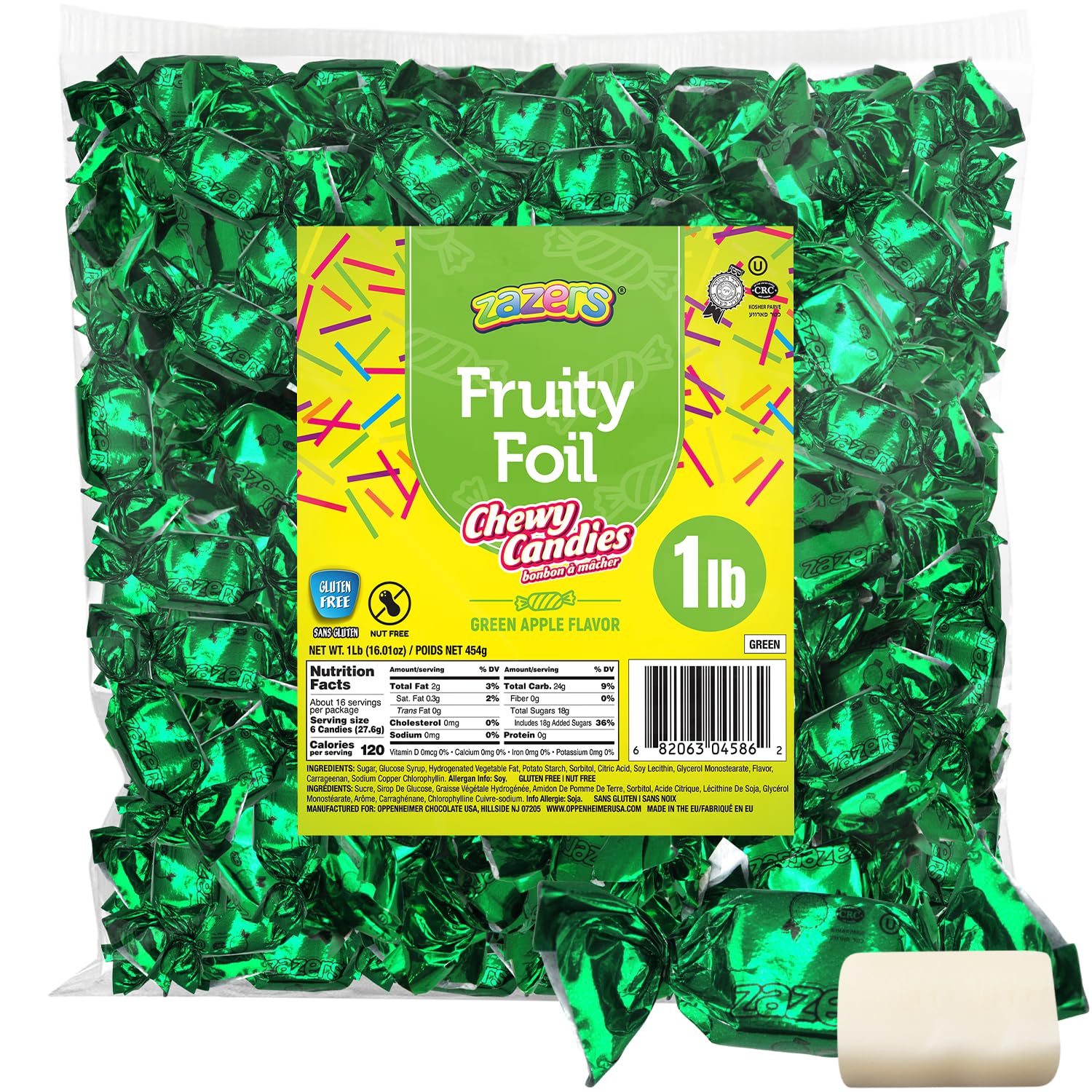 Zazers Green Apple Chewy Taffy Candy - 1-Pound Bag of Zazers Fruity Foil Chewy Candy – Green Apple Flavor, Individually Wrapped, Kosher (NET WT 454g)