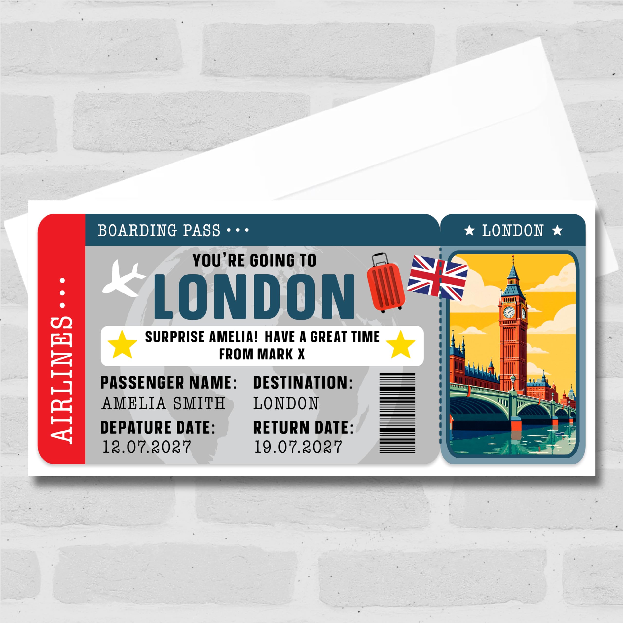 Greetings Card - London England Boarding Pass Personalised Gift Voucher Surprise Trip Ticket | Custom Greetings Card | Surprise Reveal Voucher Spoof Ticket
