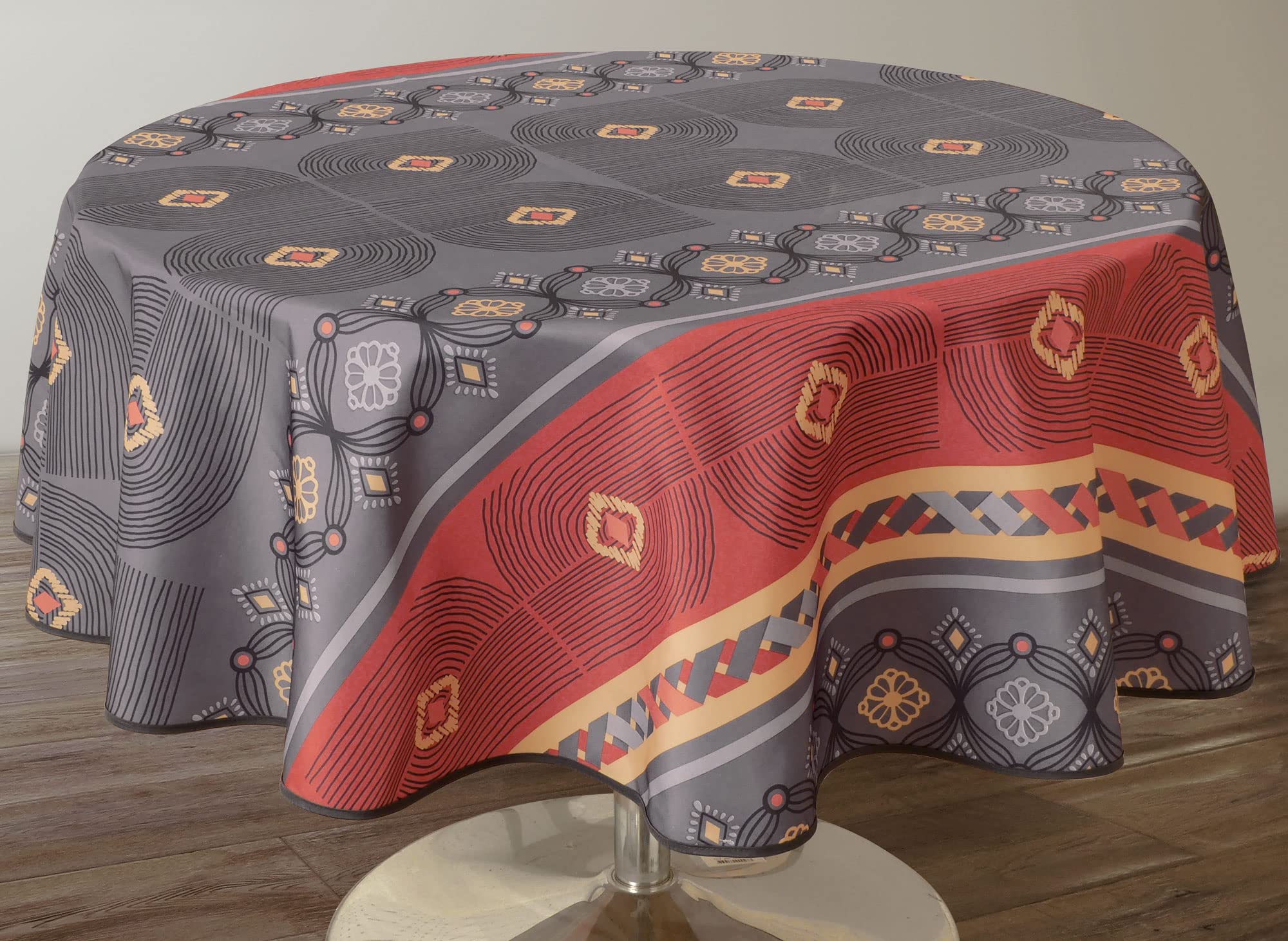 Le linge de Jules Valparaiso Stain-Resistant Tablecloth Round 160 cm Red, Grey, Red, Beige, 63 inch (Round) - Image 3