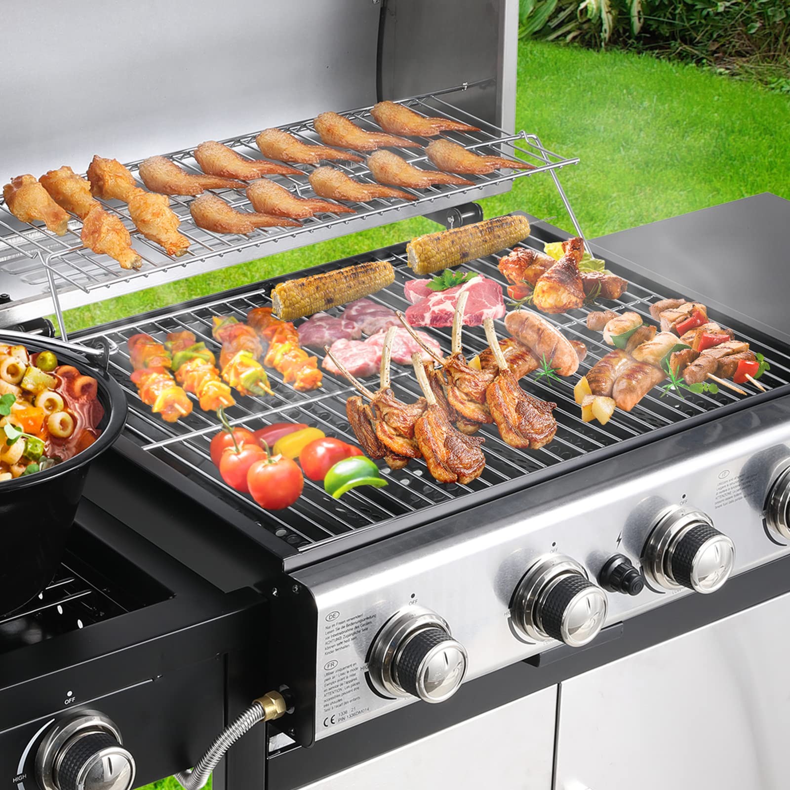 Barbacoa a Gas 4+1 Quemadores con Quemador Lateral, Acero Inoxidable BBQ con Termómetro, Parrilla con Mesas Laterales, 14,05 KW Alto Rendimiento para Jardines Fiestas Acampar