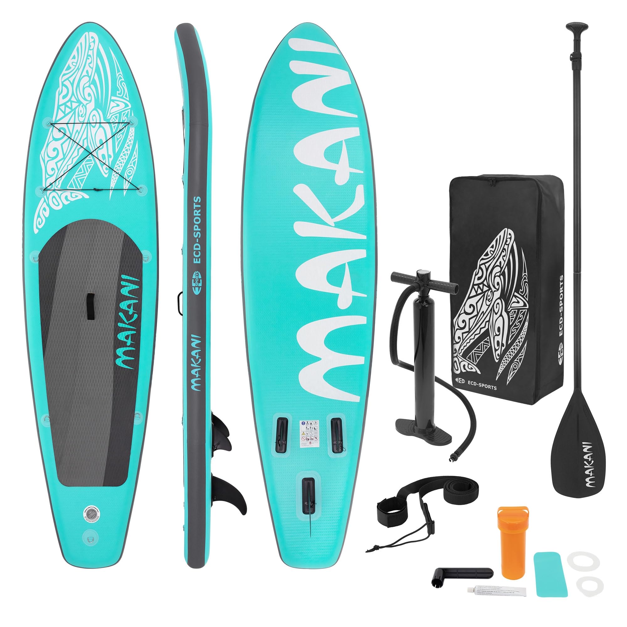 ECD Germany Tabla Hinchable de Paddle Surf Sup Makani 320 x 80 x 15 cm de PVC con Bomba de Aire, Bolsa de Transporte y Accesorios, Placa Stand Up para Adulto y Niño Carga hasta 120 kg, Azul Turquesa