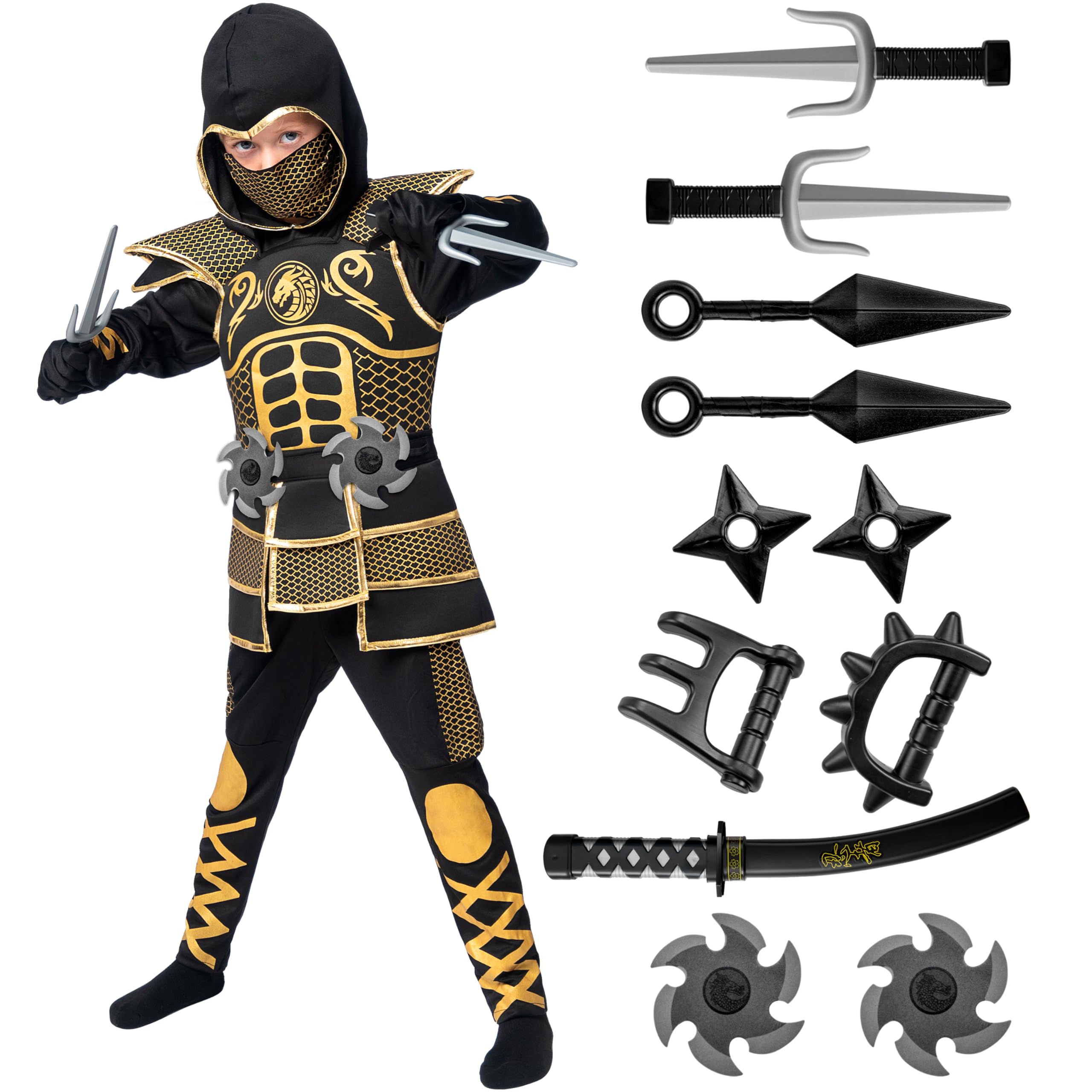 Spooktacular CreationsGolden Ninja Costume for Boys, Kids Ninja Outfit Set with Golden Armor for Halloween Dress Up Parties