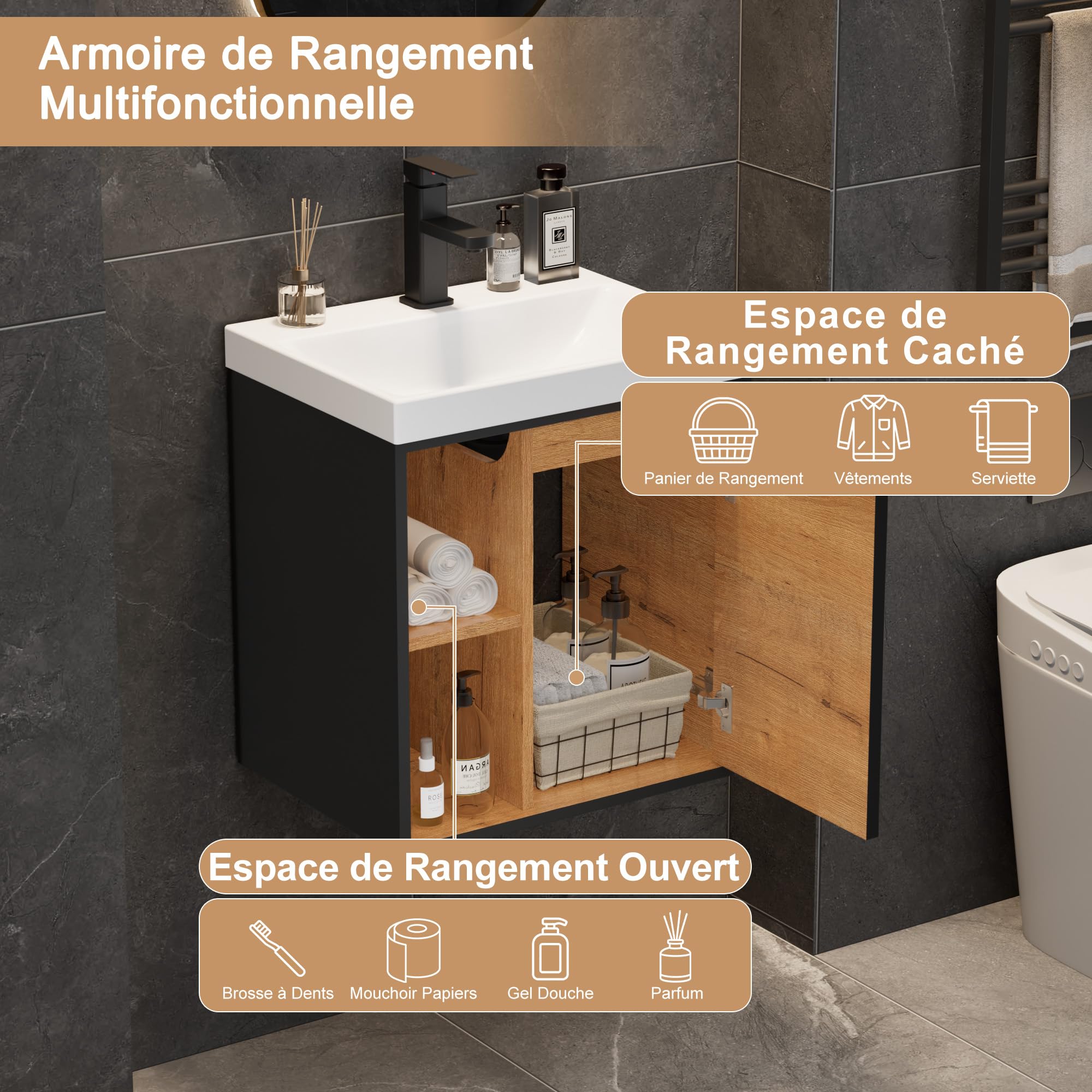 UEV Meuble Lave-Mains Suspendu avec Lavabo en Résine - Meuble de Salle de Bain Mural Gain de Place - Design Moderne à Lignes Verticales et Poignées Métalliques - Rangement Caché, 50x38x55cm, Noir