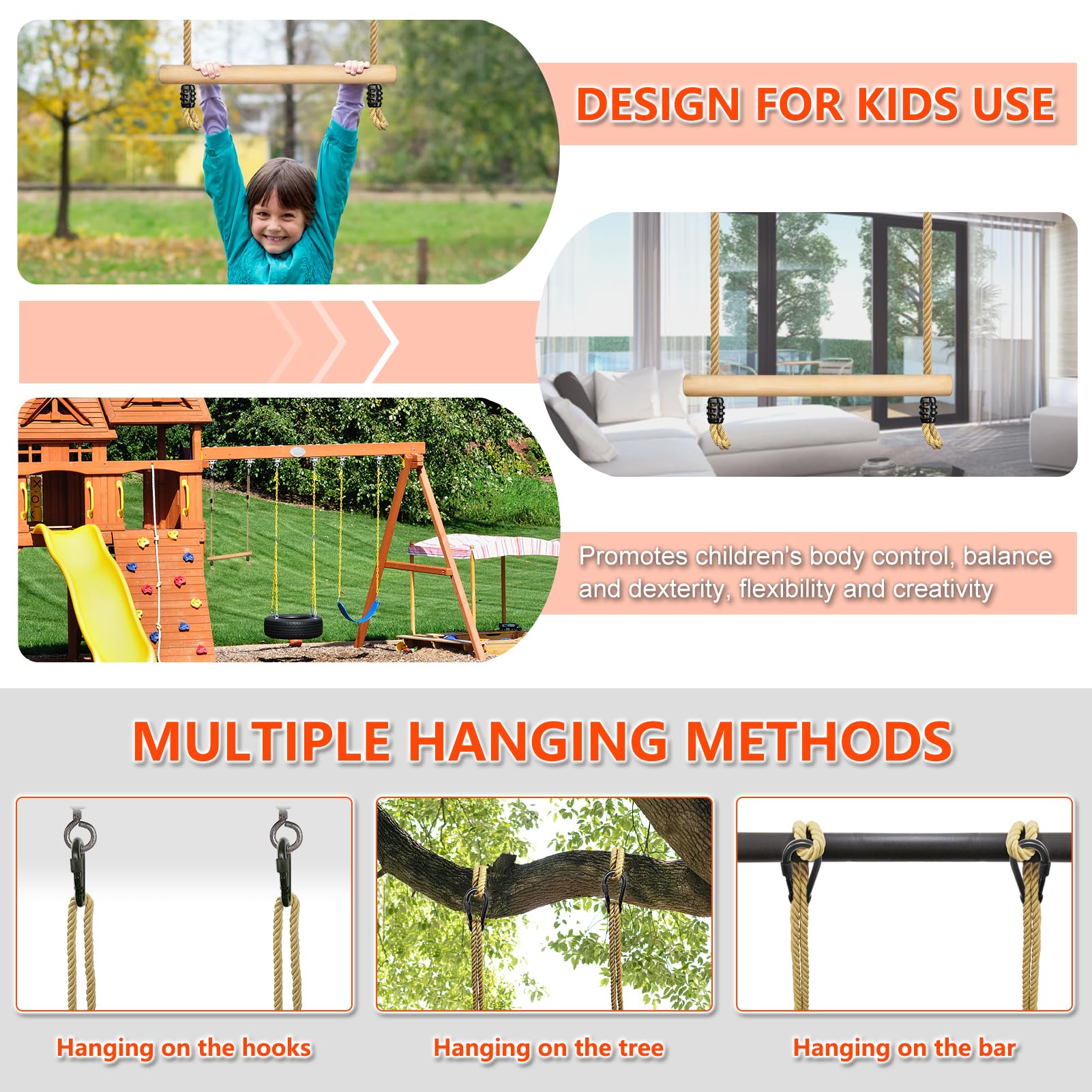 Trapeze Balancoire Exterieur, Accessoire Balancoire Exterieur pour Enfants Barre Trapeze Bois Multifonction Jeux Jardin Extérieur Trapèze pour Portique (Barre Trapeze)