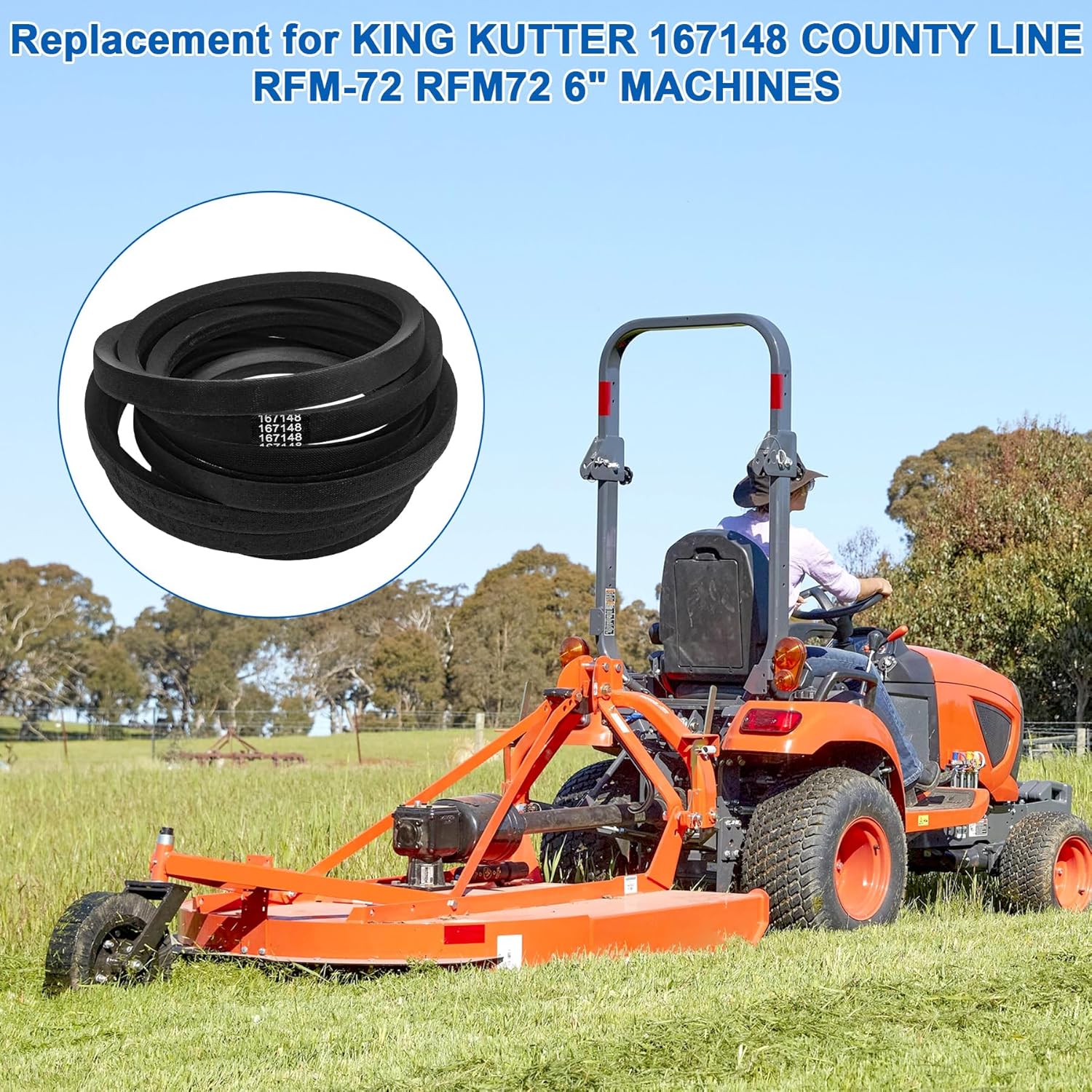 Earthtec 167148 Belt Replacement for King KUTTER 167148 for County LINE RFM-72 RFM72 6' Machines RFM-72