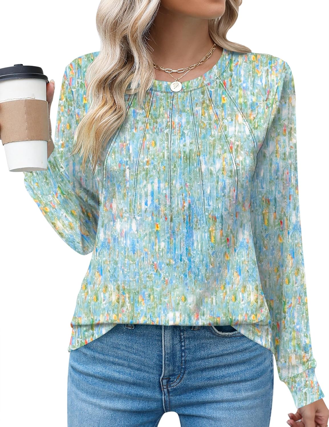 Kistore Women's Long Sleeve Tops Crew Neck Pleated Dressy Casual Blouses T Shirts Fall Clothes 2026