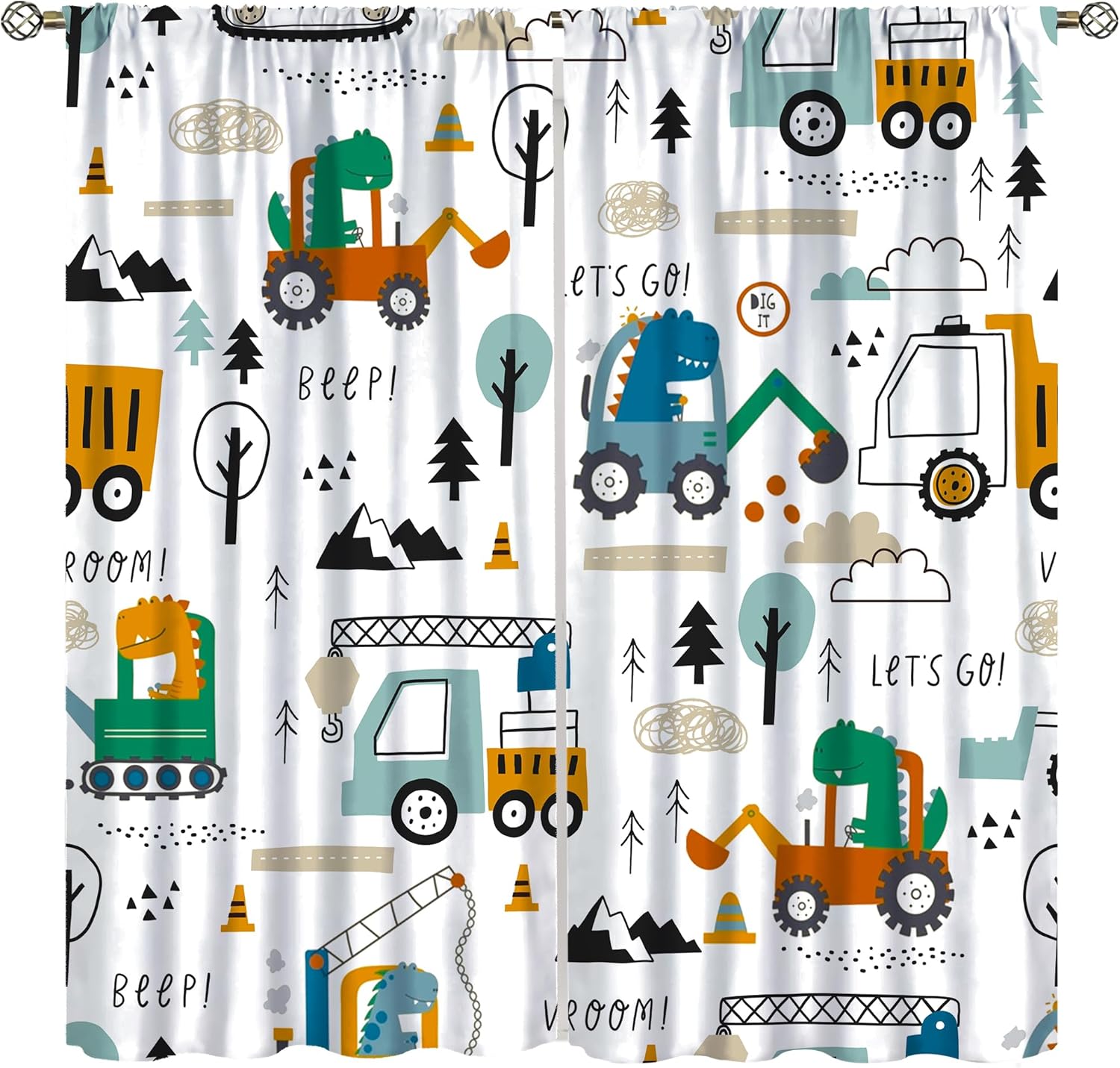 Dinosaur Construction Blackout Curtains for Boys,Cartoon Forest Architectural Site Dinosaur Excavator Tractor Truck Window Drapes Print for Children Kids Nursery Childcare Bedroom 42x63in