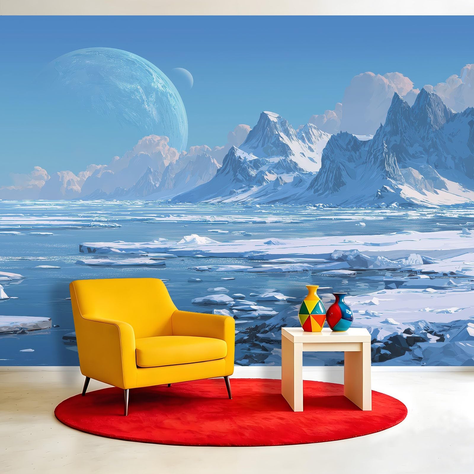 Panoramiczna tapeta z włókniny natura śnieżny krajobraz polar 200 x 140 cm - fototapeta dekoracja do salonu i sypialni, efekt 3D, śnieżna góra, lodowce, jeziora, niebo